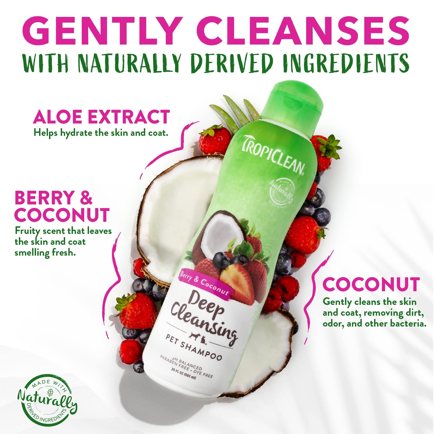 TropiClean Berry & Coconut Deep Cleansing Dog Shampoo | Deodorizing Dog Shampoo | Natural Pet Shampoo Derived from Natural Ingredients | Cat Friendly | Made in the USA | 20 oz.