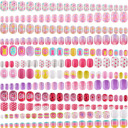 240 Pieces 12 Sets Press on Nails for Kids Girls Fake Nails Artificial False Fingernail Pre-glue Full Cover Cartoon Gradient Short Nail Tip for Girls Kids Nail Decoration (Classic Pattern)