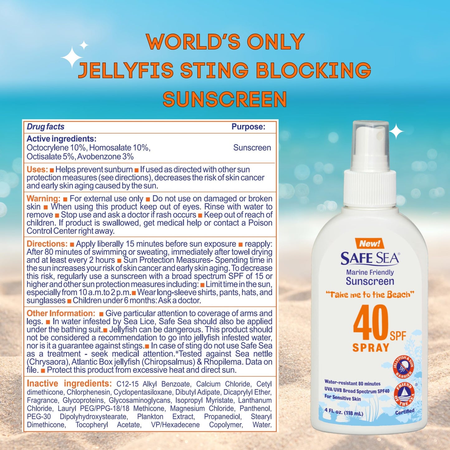 Safe Sea Sunscreen with SPF40 Spray. Eco-friendly Sunscreen. (40SPF Adults 4OZ) 2 Pack.