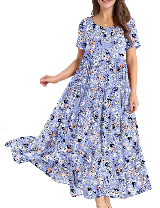 YESNO Women Casual Loose Bohemian Floral Dress with Pockets Short Sleeve Long Maxi Summer Beach Swing Dress S EJF CR347