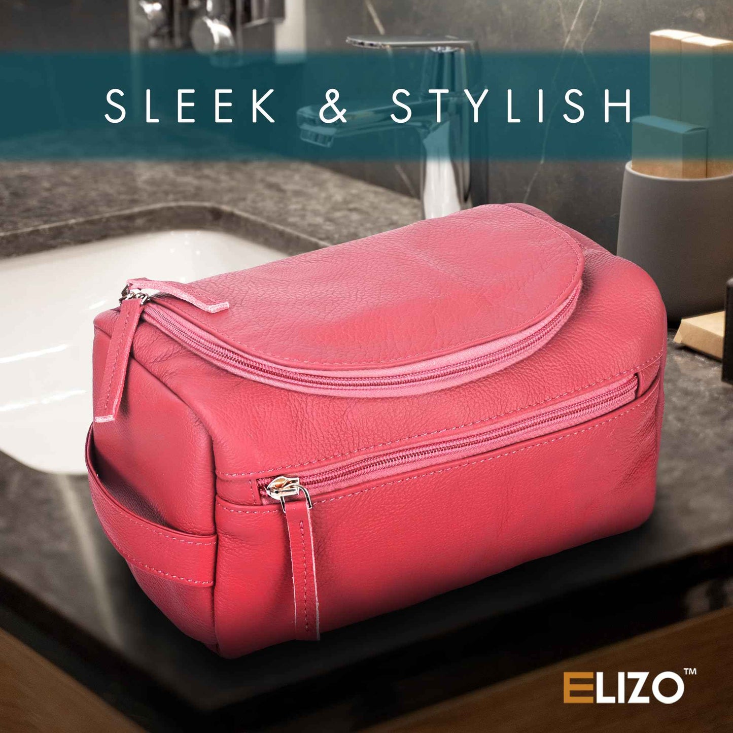 ELIZO Premium REAL Leather Toiletry Bag for Men Dopp Kitt Hanging Mens Toiletry Large TSA Toiletries Bag Shaving Grooming Bag Organizer Espresso (Pink, Large)