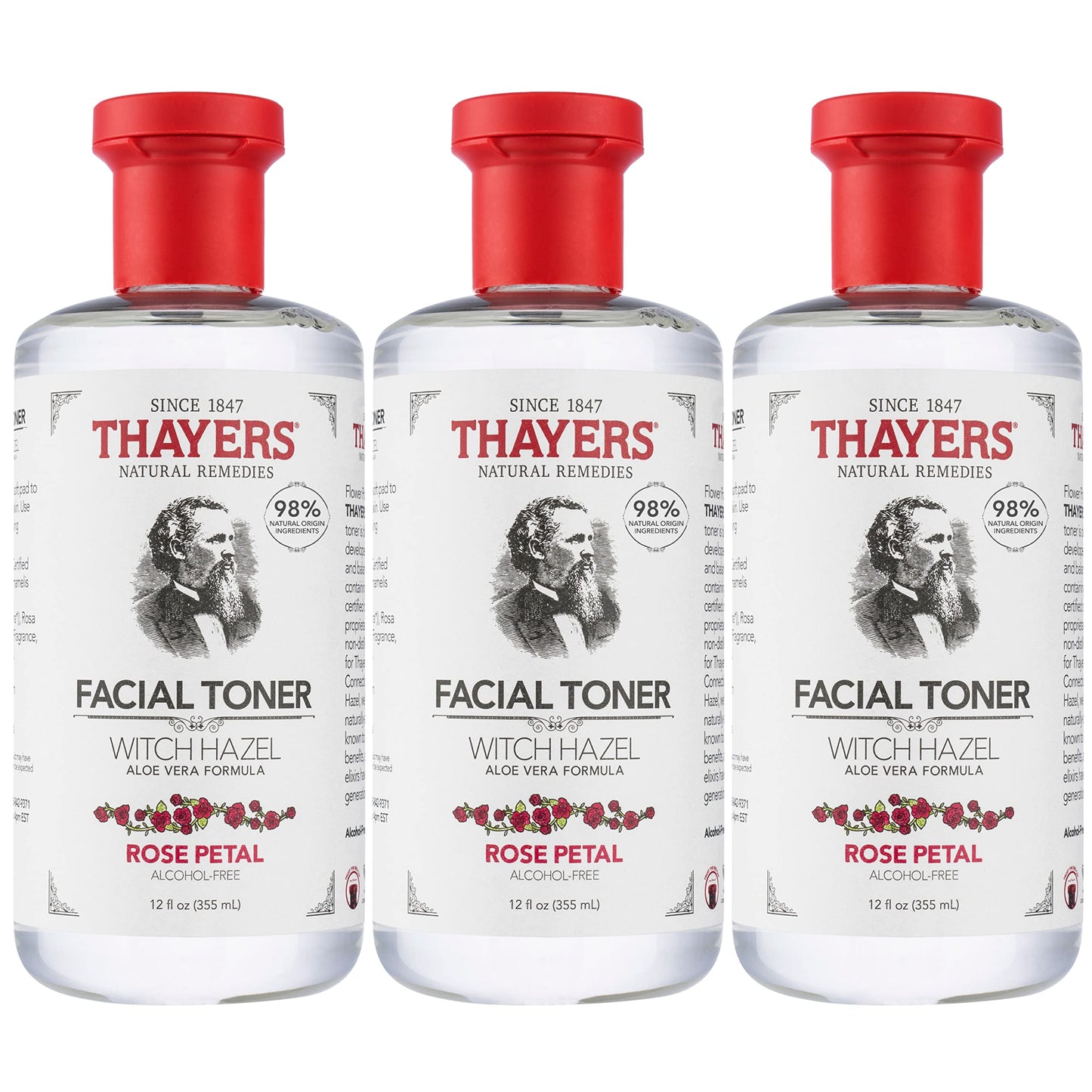 THAYERS Alcohol-Free, Hydrating Rose Petal Witch Hazel Toner with Aloe Vera, 12 Oz (Pack of 3)