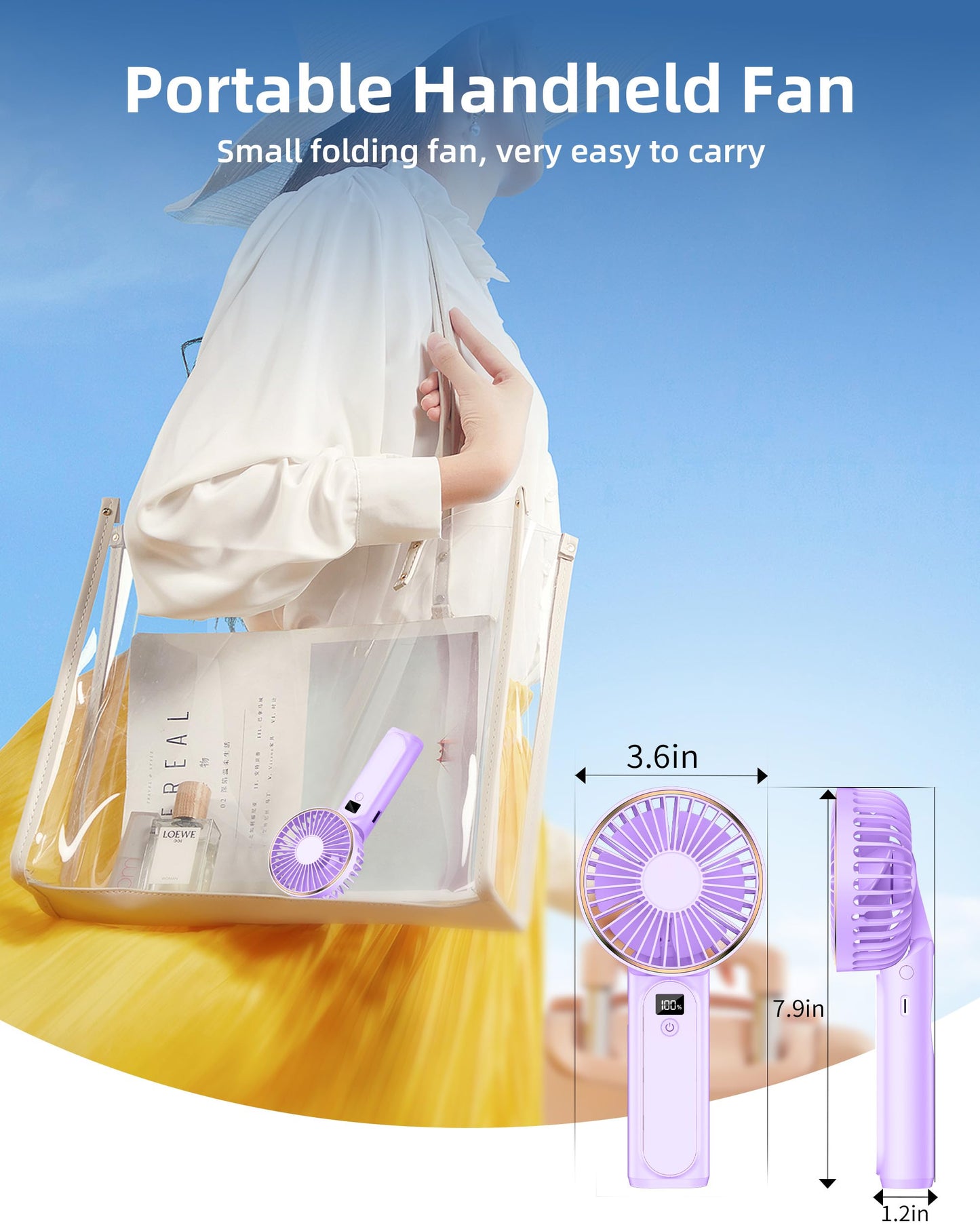 TUNISE Portable Handheld Fan, Portable Fan Rechargeable, 4000mAh, 180° Adjustable, 6 Speed Wind, Display Electricity in Real Time, USB Rechargeable Foldable Fan, Quiet Personal Fan with Power Bank