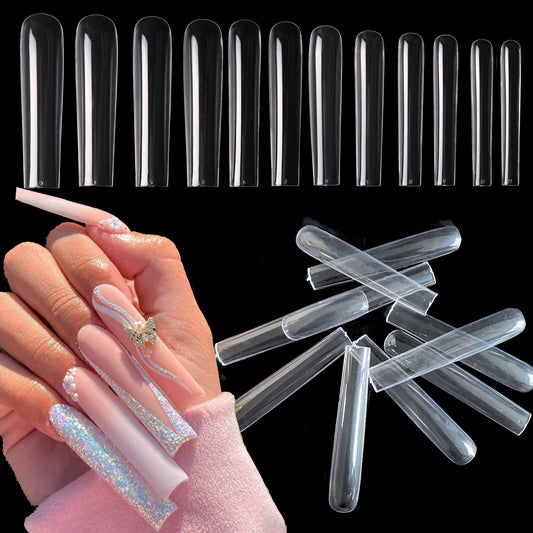 AddFavor 600pcs 3XL Square Clear Nail Tips Full Cover Extra Long Straight Square Acrylic Fake Nails Professional False Nail Tip for Salons & Home DIY, 12 Sizes