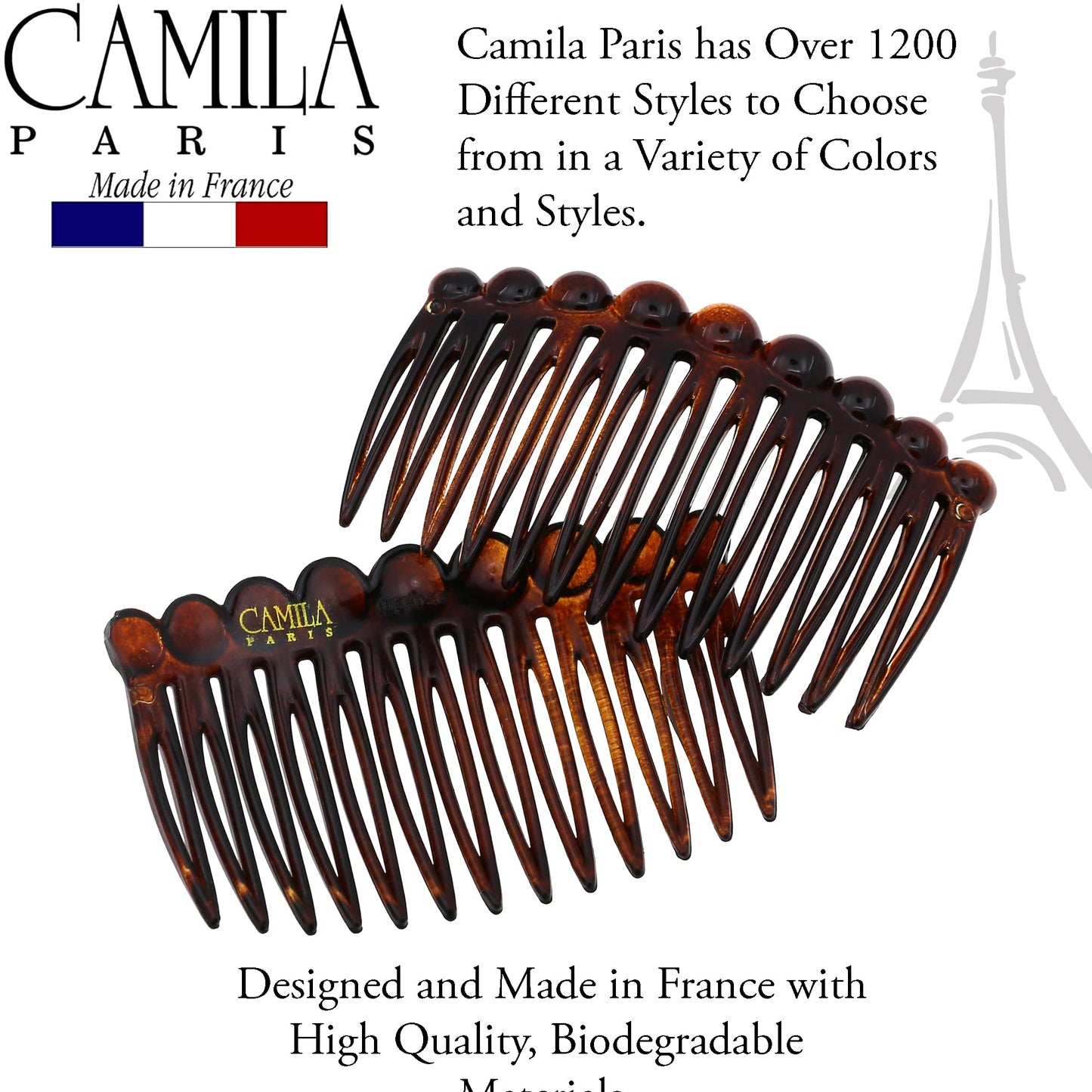 Camila Paris CP33/2 French Hair Side Comb Small Tortoise Shell French Twist Hair Combs Decorative, Strong Hold Hair Clips for Women Bun Chignon Up-Do Styling Girls Hair Accessories, Made in France