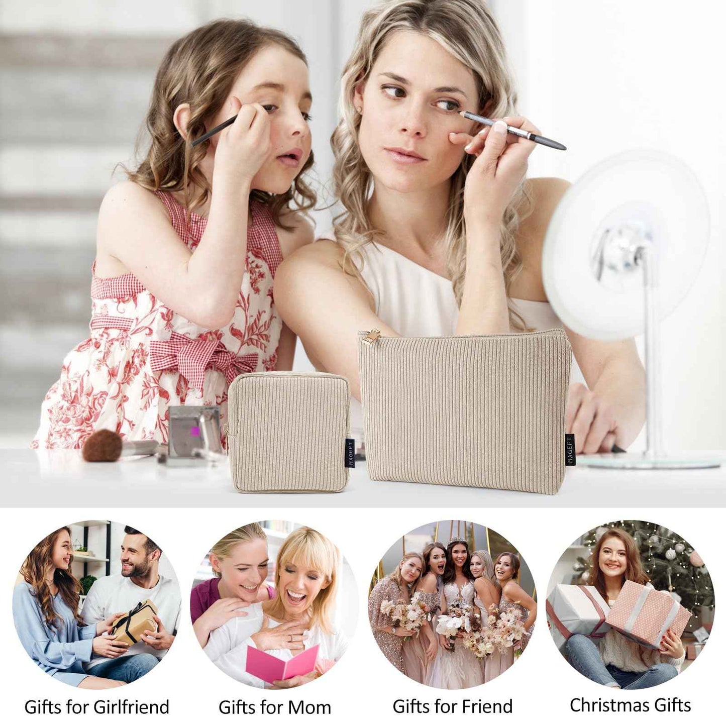 MAGEFY Small Makeup Bag, 2 Pcs Corduroy Makeup Bag for Purse Make Up Organizer Bag Mini Pouch with Slip-in Pockets Aesthetic Preppy Stuff - Beige