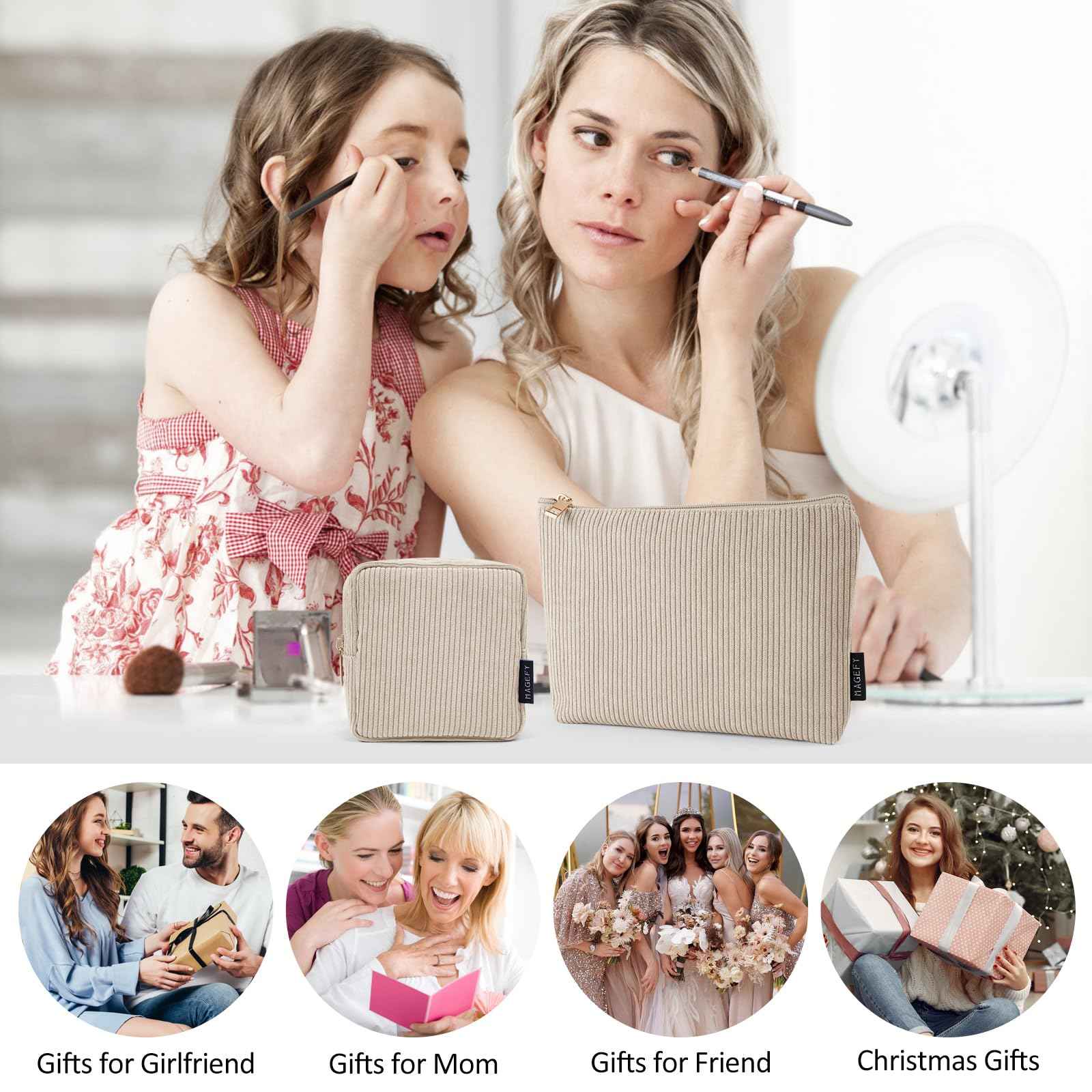 MAGEFY Small Makeup Bag, 2 Pcs Corduroy Makeup Bag for Purse Make Up Organizer Bag Mini Pouch with Slip-in Pockets Aesthetic Preppy Stuff - Beige