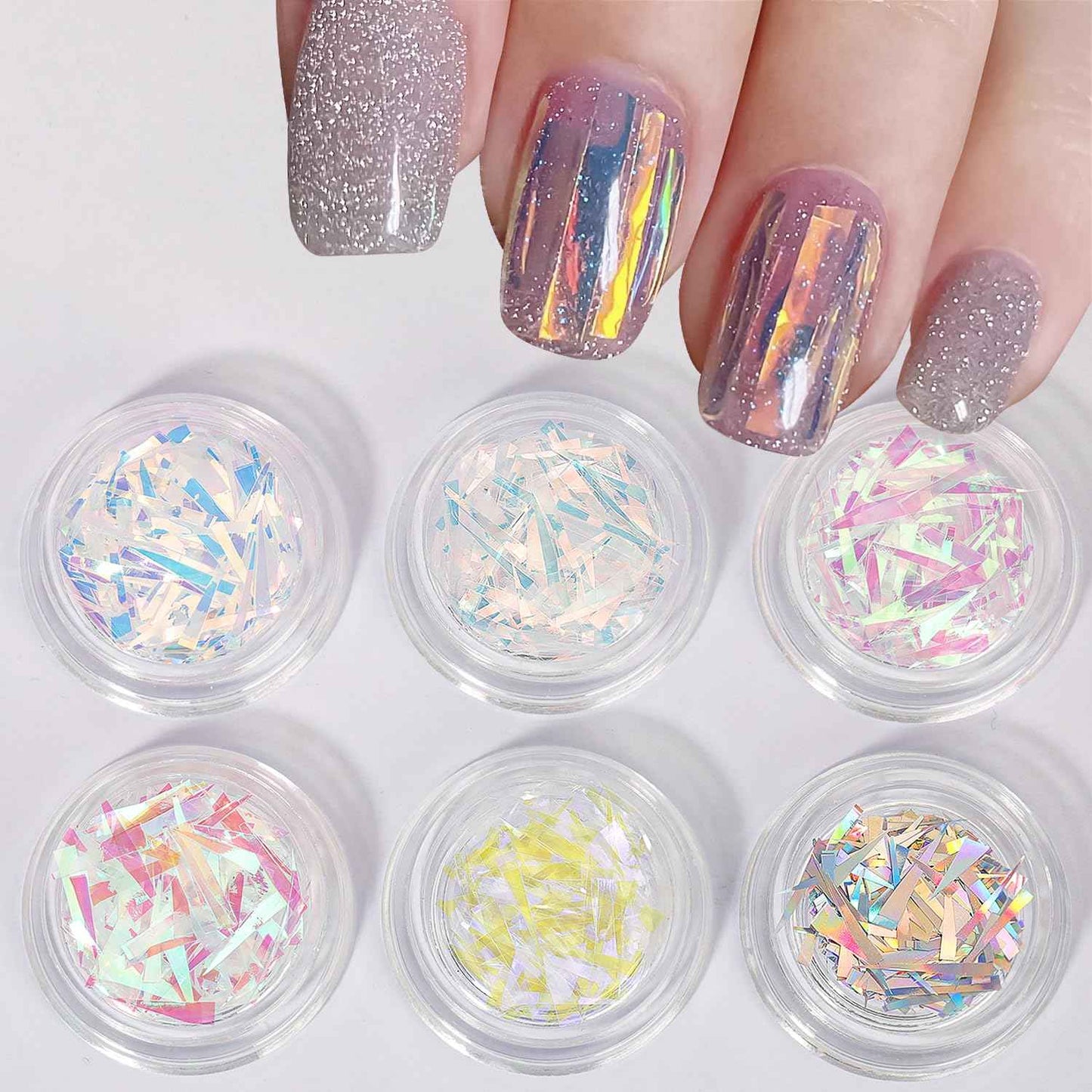 Aurora Nail Foil Stickers Colorful Glass Paper Holographic Transfer Decals Shiny French Art Supplies for Acrylic Nails Manicure Nail Foil Transfer Stickers Set Girls DIY Nail Decals for Nails(6 Box)