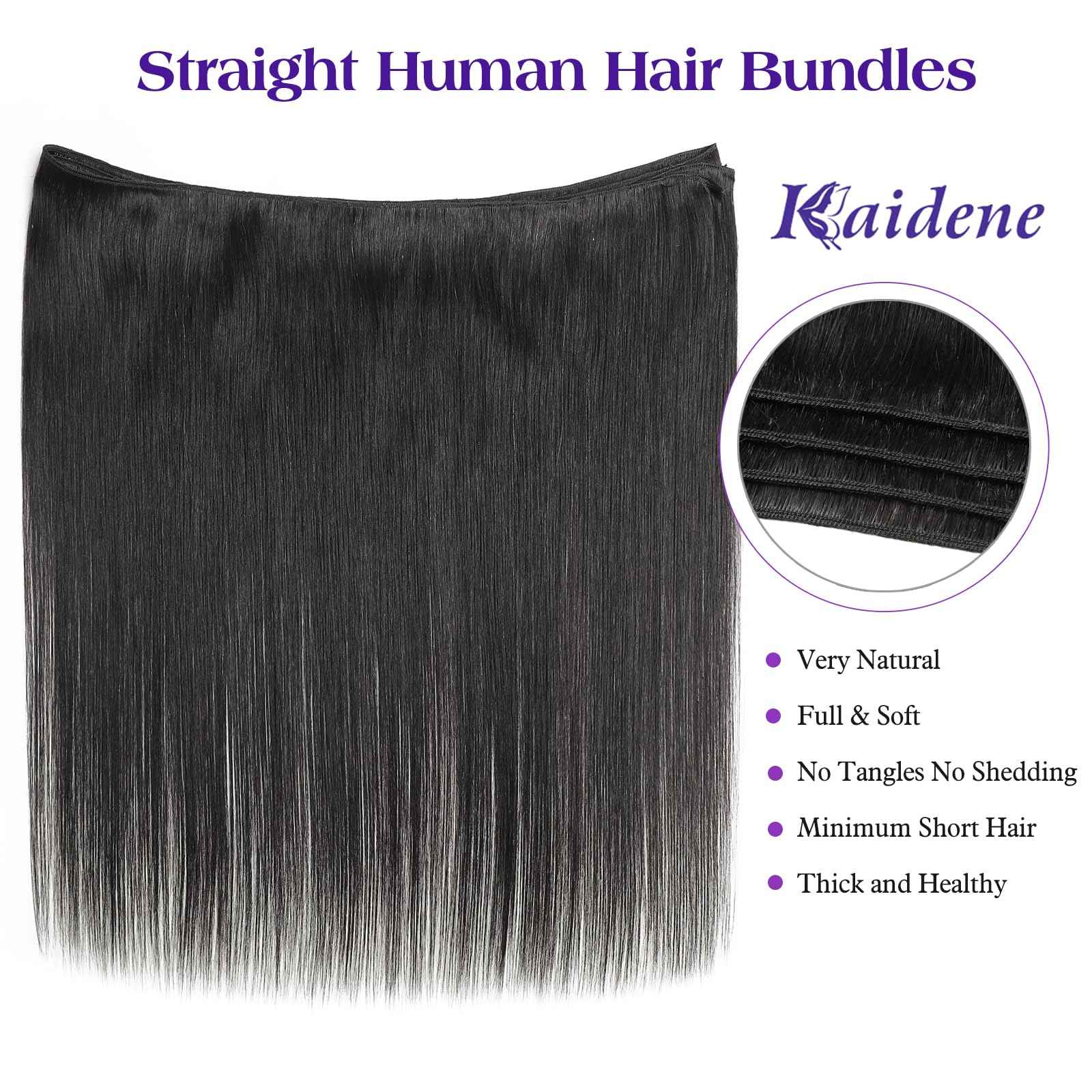 Kaidene Single Bundles Human Hair 24 Inch Straight Human Hair Bundles Natural Black Unprocessed Brazilian Virgin Raw Hair Extensions for Quick Weave and Sew in