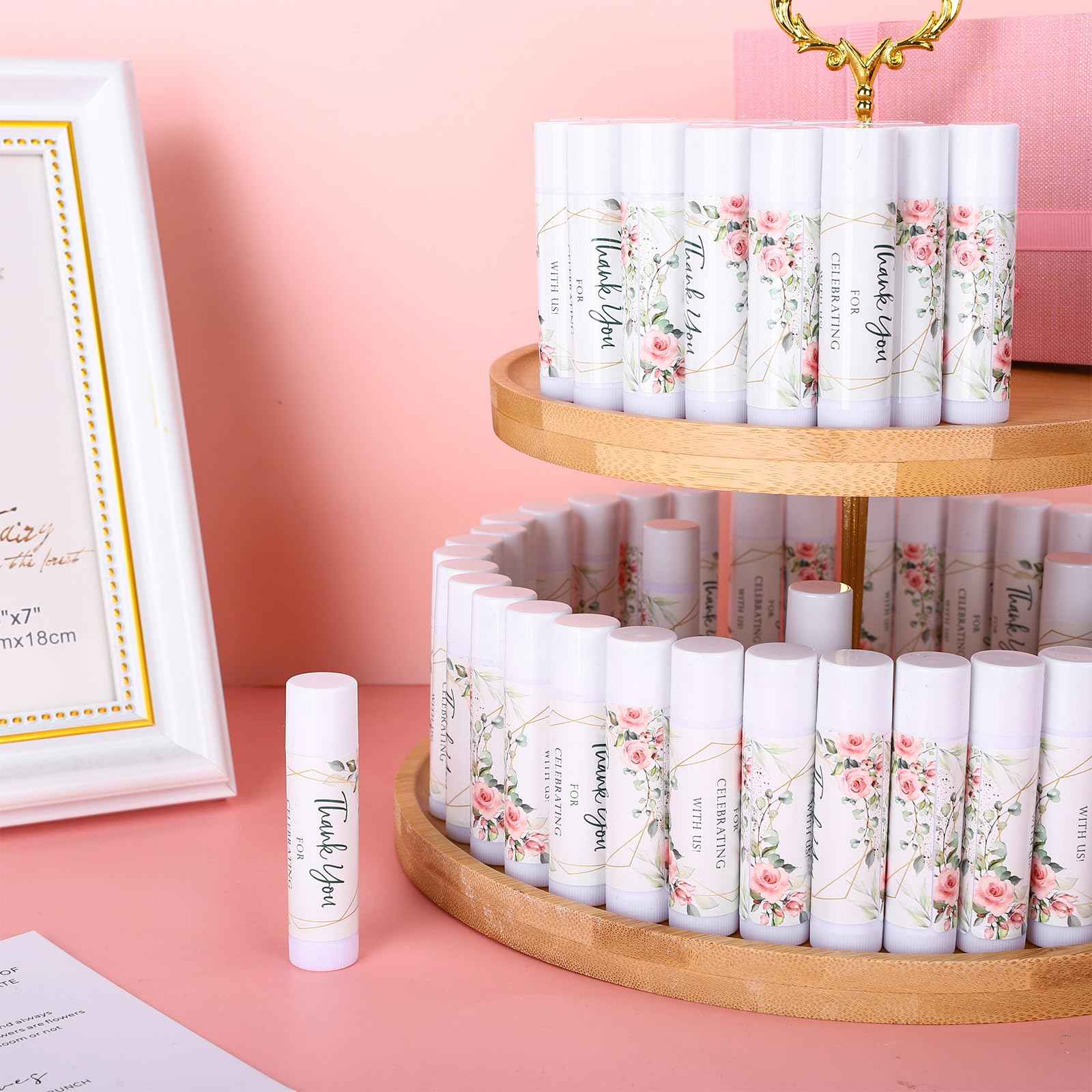 Whaline 60Pcs Thank You Gift Lip Balm Bulk Wedding Lip Balms Vanilla Flavor Floral Moisturizing Lip Care Guest Basket Gift Stuffer for Bridal Shower Baby Shower Birthday Party Favor Supplies