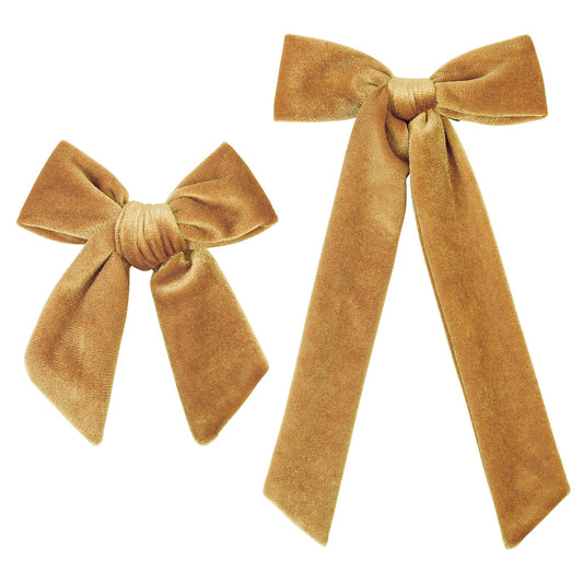 Velvet Hair Bows in 2 Sizes - 5" & 3.5" Soft Ponytail Knot Bows with Alligator Clips for Toddlers and Little Girls - Gold Hair Accessories