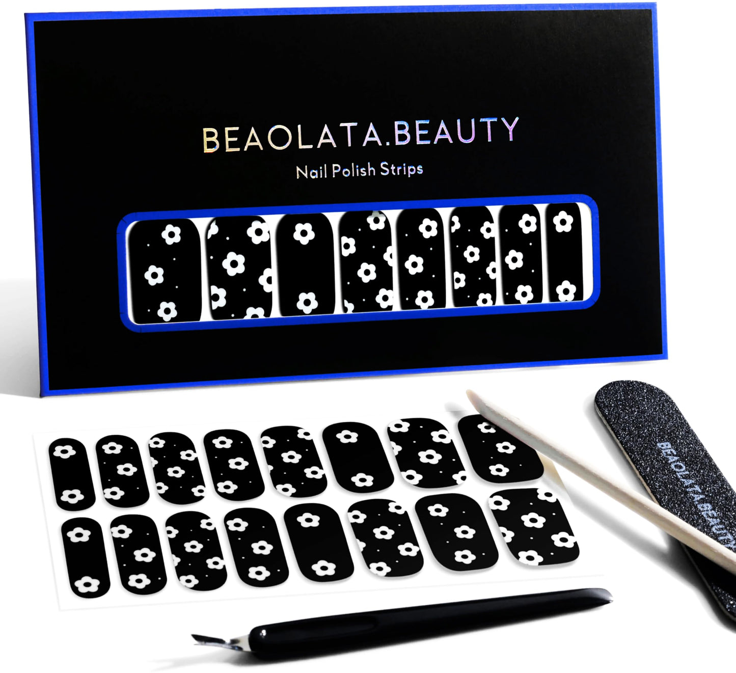 Beaolata Nail Polish Strips, 32 Nail Wraps, Nail Stickers, Gel Nail Strips, Easy Apply& Remove, Long Lasting, Salon Quality (Night Black)