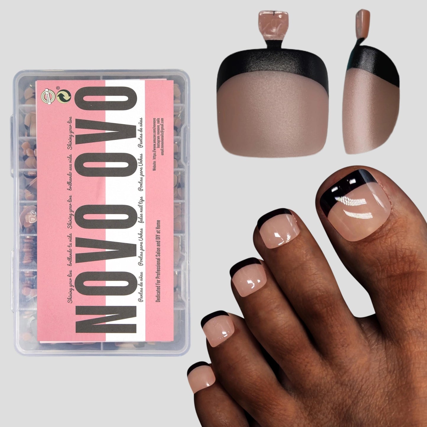 NOVO OVO Fake Toe Nail Tips Press on, Black French Tip Soft Gel Toenail Extension, BROWN PINK Square Round Pre-applied Tip Primer & Base Coat, Full Cover Matte False Nails for DIY x 15 Sizes 360Pcs