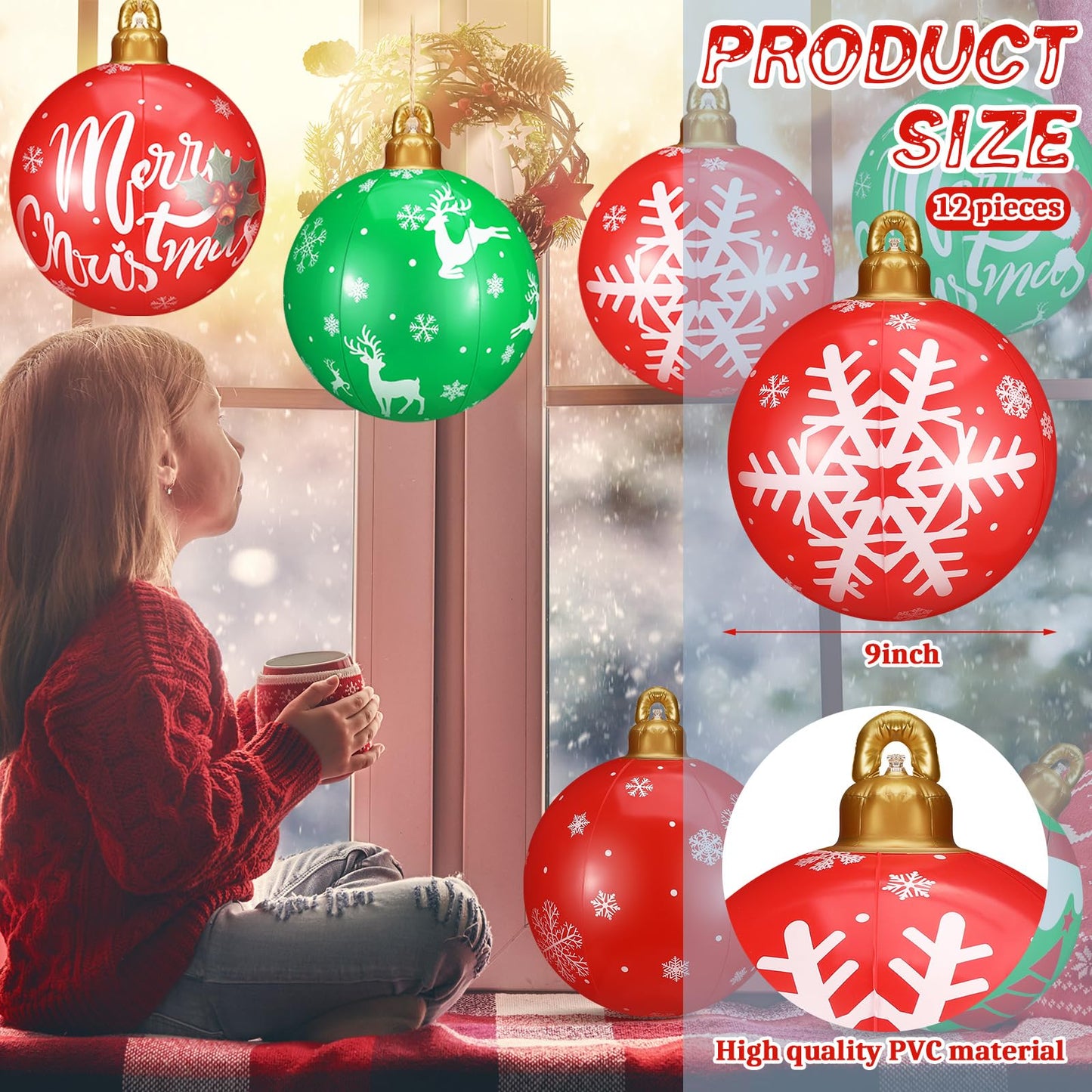 Jetec 12 Pcs 9 Inch Inflatable Christmas Ball Giant PVC Christmas Ball Ornaments Large Christmas Ball Outdoor Christmas Blow up Yard Decorations for Holiday Pool Lawn Tree Party Decor (Novel Style)