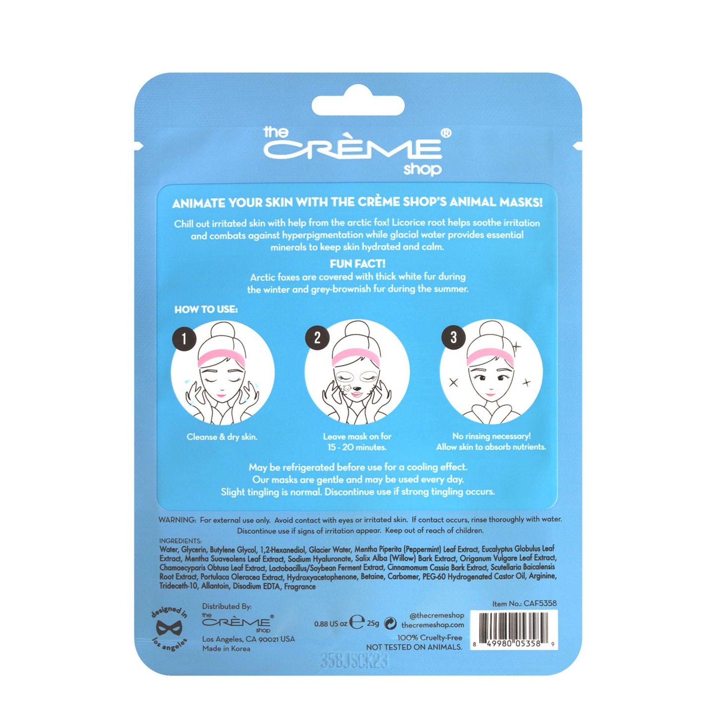 The Creme Shop Animal Sheet Mask, Korean, Hydrating, Collagen, Vitamin C, Anti-Aging - Pack of 3 - Infused with Hydrating & Cooling Glacial water