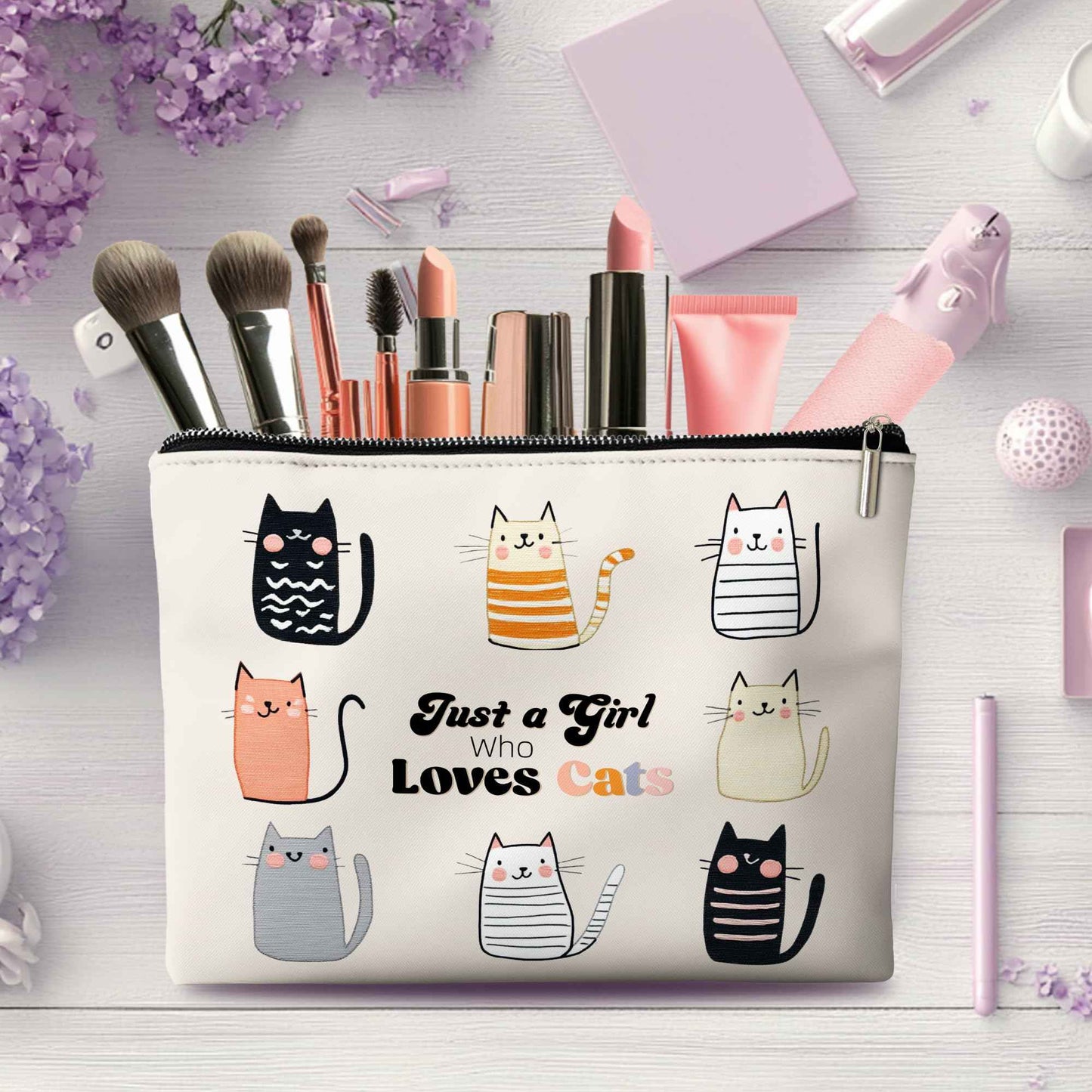 Rone168 Cute Cat Lover Gifts for Women Makeup Bag, Cat Lover, Just a Girl Who Loves Cats Organizer Bag. 10x7 Inches