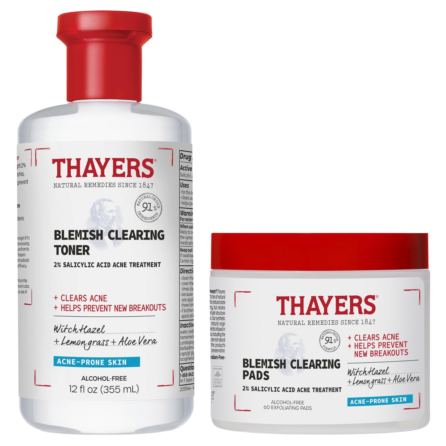 Thayers Blemish Clearing Salicylic Acid Toner, Acne Treatment Face Toner with 2% Salicylic Acid, Soothing & Non-Stripping Skin Care, 12 Fl Oz + Thayers Blemish Clearing Salicylic Acid Toner Pads 60 Ct