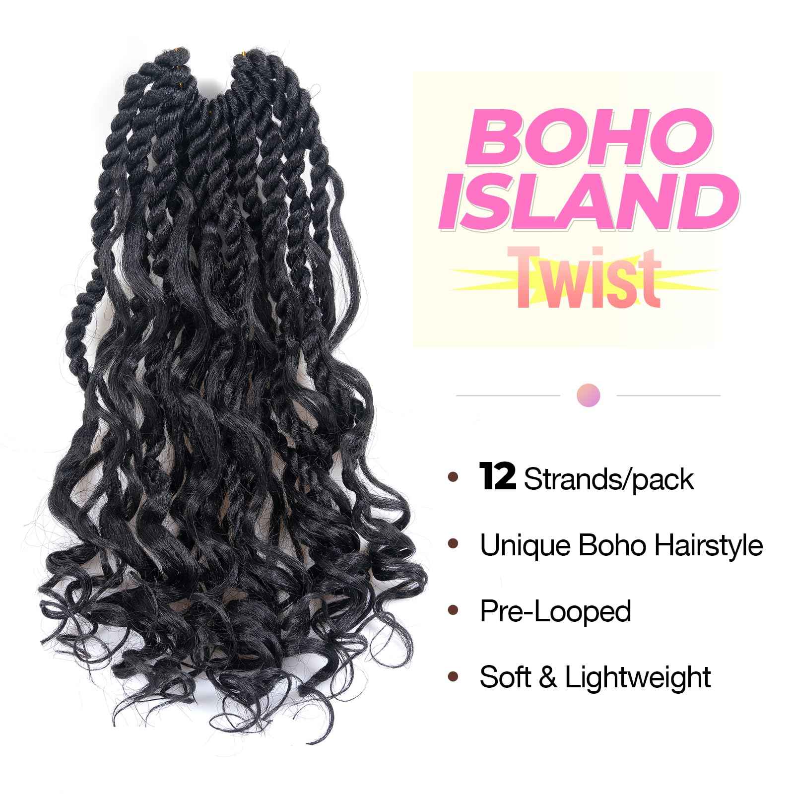 ToyoTress Boho Island Twist Crochet Hair - 14 Inch 8 Packs Natural Black Boho Havana Twist Crochet Braids Synthetic Braiding Hair (14 Inch,1B-8P)