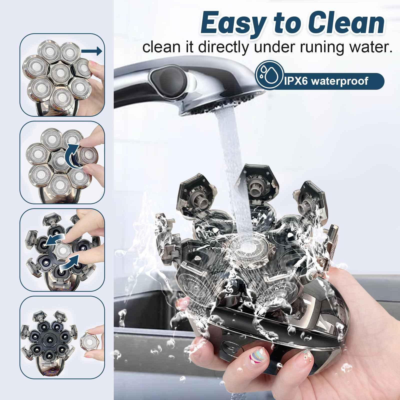 Electric Head Shavers for Men：- 6 in 1 Head Shavers for Bald Men, IPX6 Waterproof Men's 8D Electric Head Razor, Wet&Dry Rotary Shaver Grooming Kit with Nose Beard Trimmer Hair Clipper