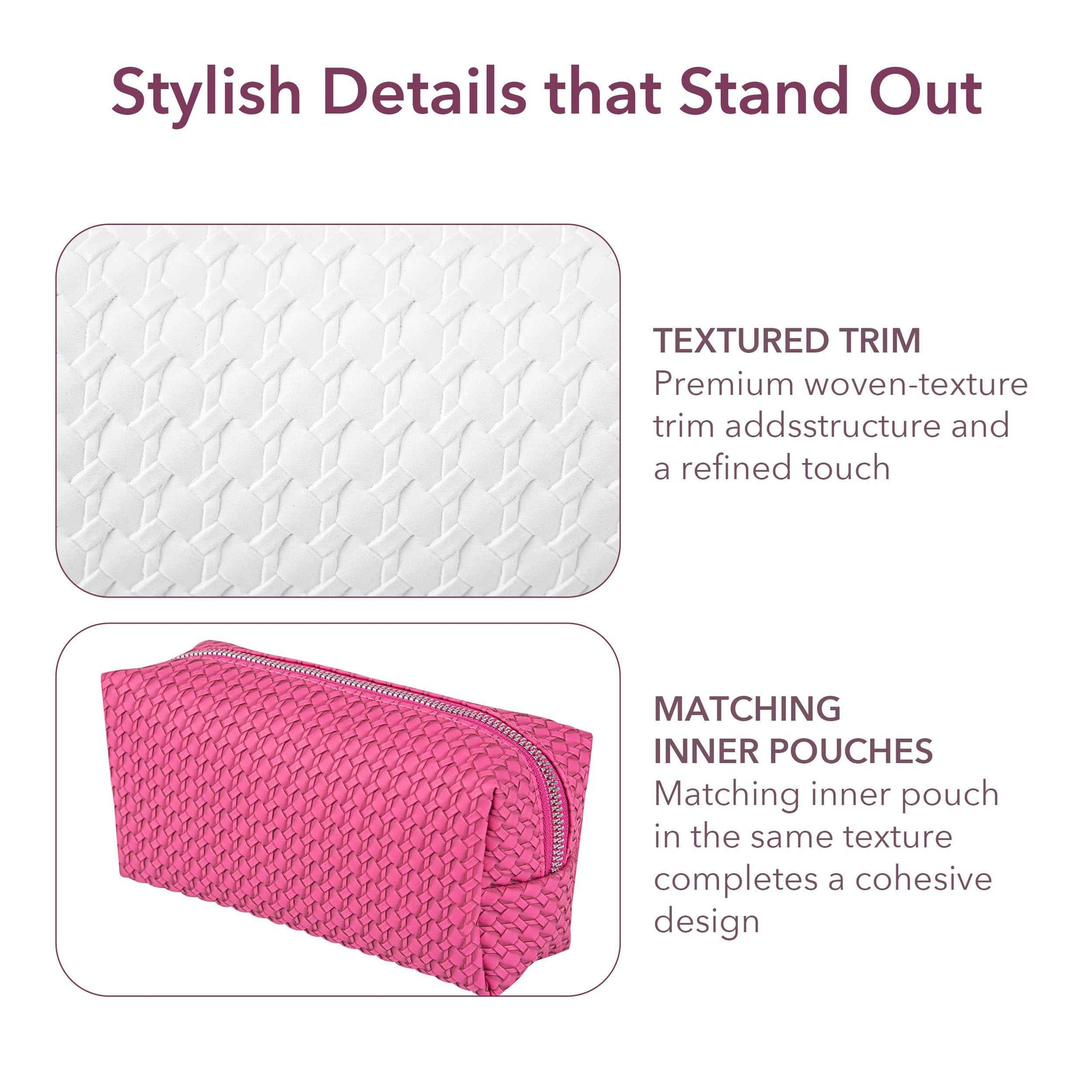 Sylune 3-in-1 Clear Toiletry Bag Set – Waterproof Travel Makeup Organizer with Textured Pouches, Transparent Cosmetic Case for Women (Pink)