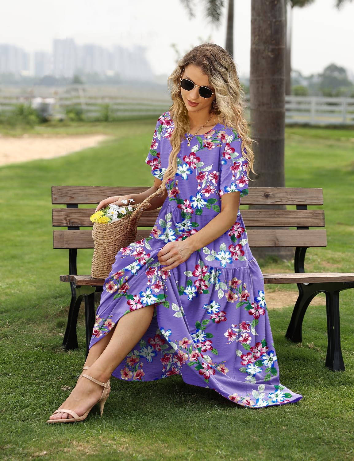 YESNO Women Casual Loose Bohemian Floral Dress with Pockets Short Sleeve Long Maxi Summer Beach Swing Dress S EJF CR374