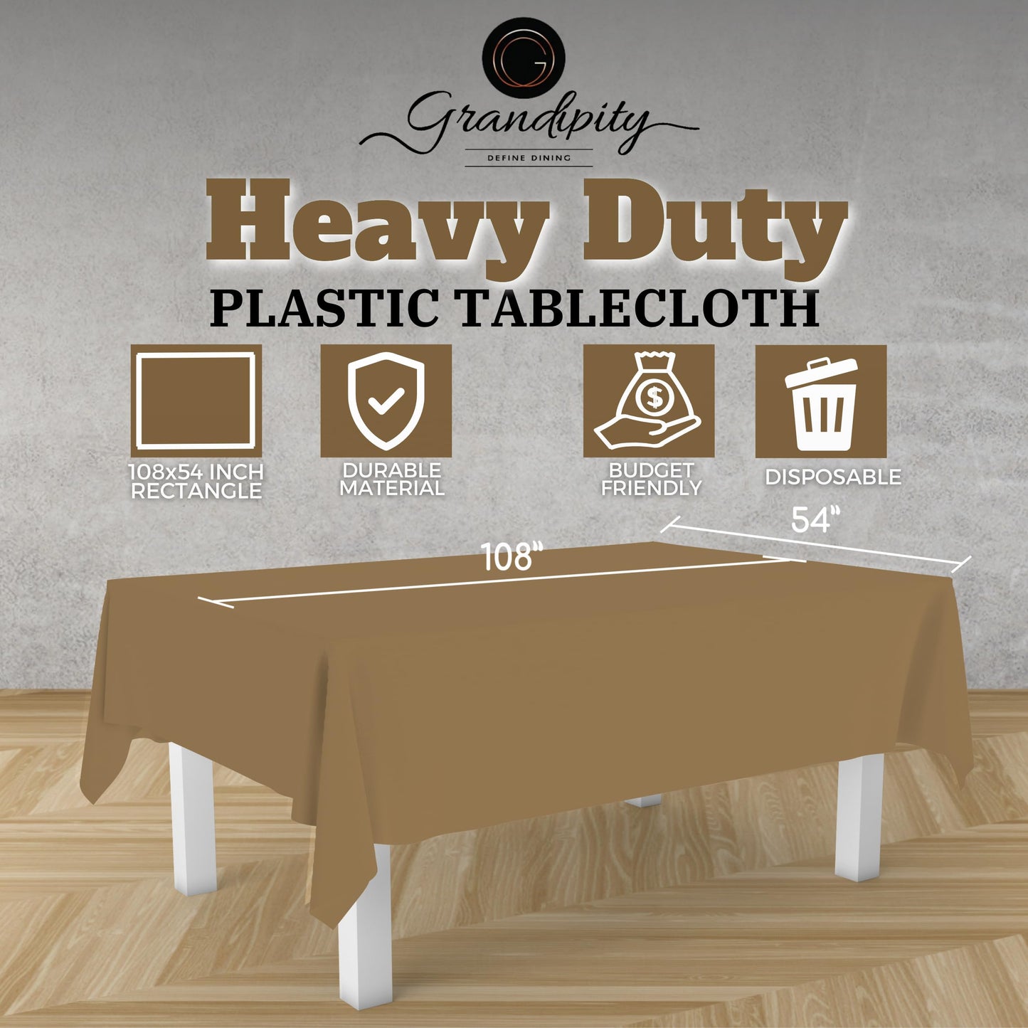 Grandipity Gold 12 Pack Premium Disposable Plastic Tablecloth 54 Inch. x 108 Inch. Decorative Rectangle Table Cover