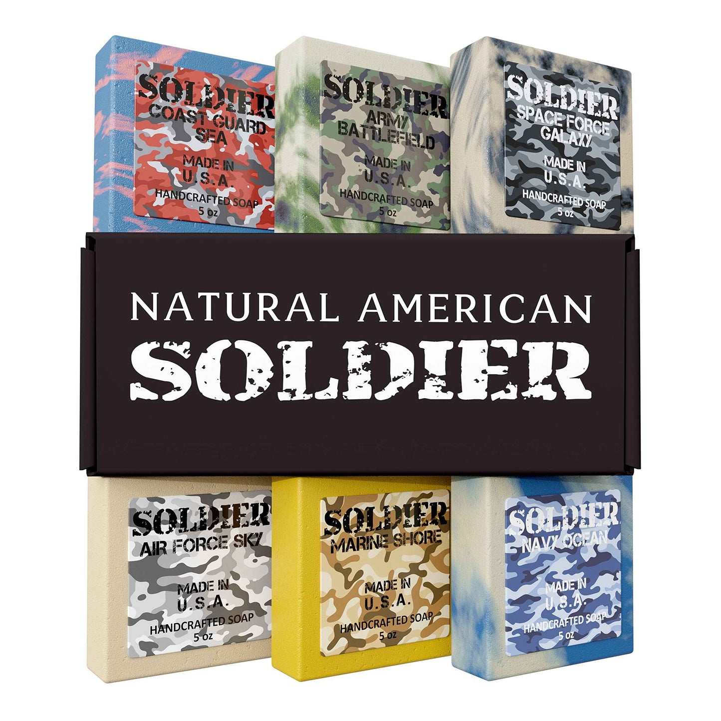 NATURAL AMERICAN SOLDIER Mens Bar Soap - Masculine Scents, 100% Natural Soap for Men - Essential Oils, Organic Shea Butter - Made in USA, Man Body Wash - 5 oz (6pk)