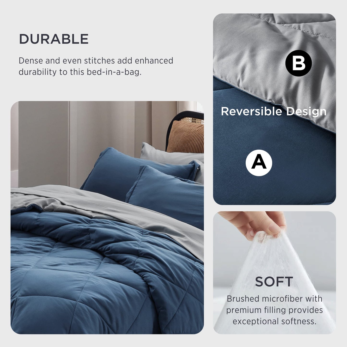 Bedsure Twin Bed Set - 5 Pieces Reversible Twin Comforter Set, Navy Extra Long Twin Bed in a Bag with Comforters, Sheets, Pillowcase & Sham, Bedding Set Twin for College