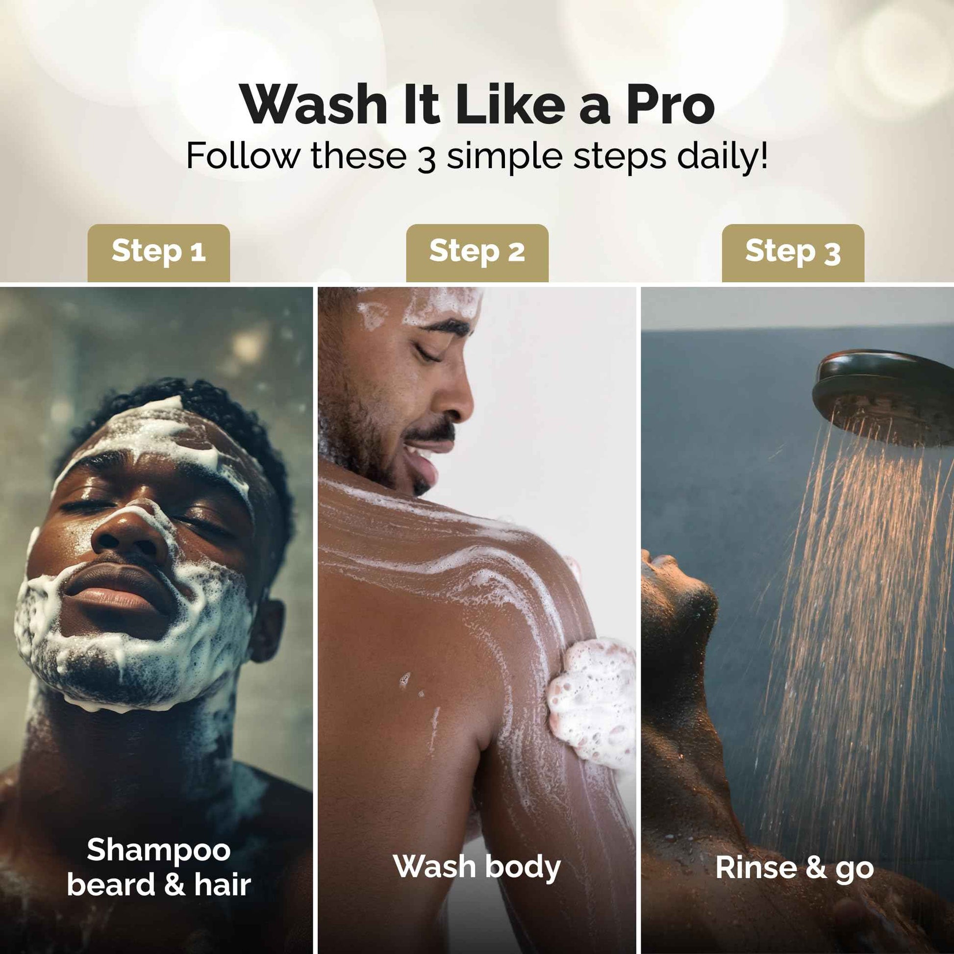 Golden Grooming Co. 3-in-1 Men's Body Wash - Hair & Beard Shampoo - Cleanses, Hydrates, Softens - Body Wash for All Skin Types - Refreshing Scent - Shower Double Pack | Pack of 4