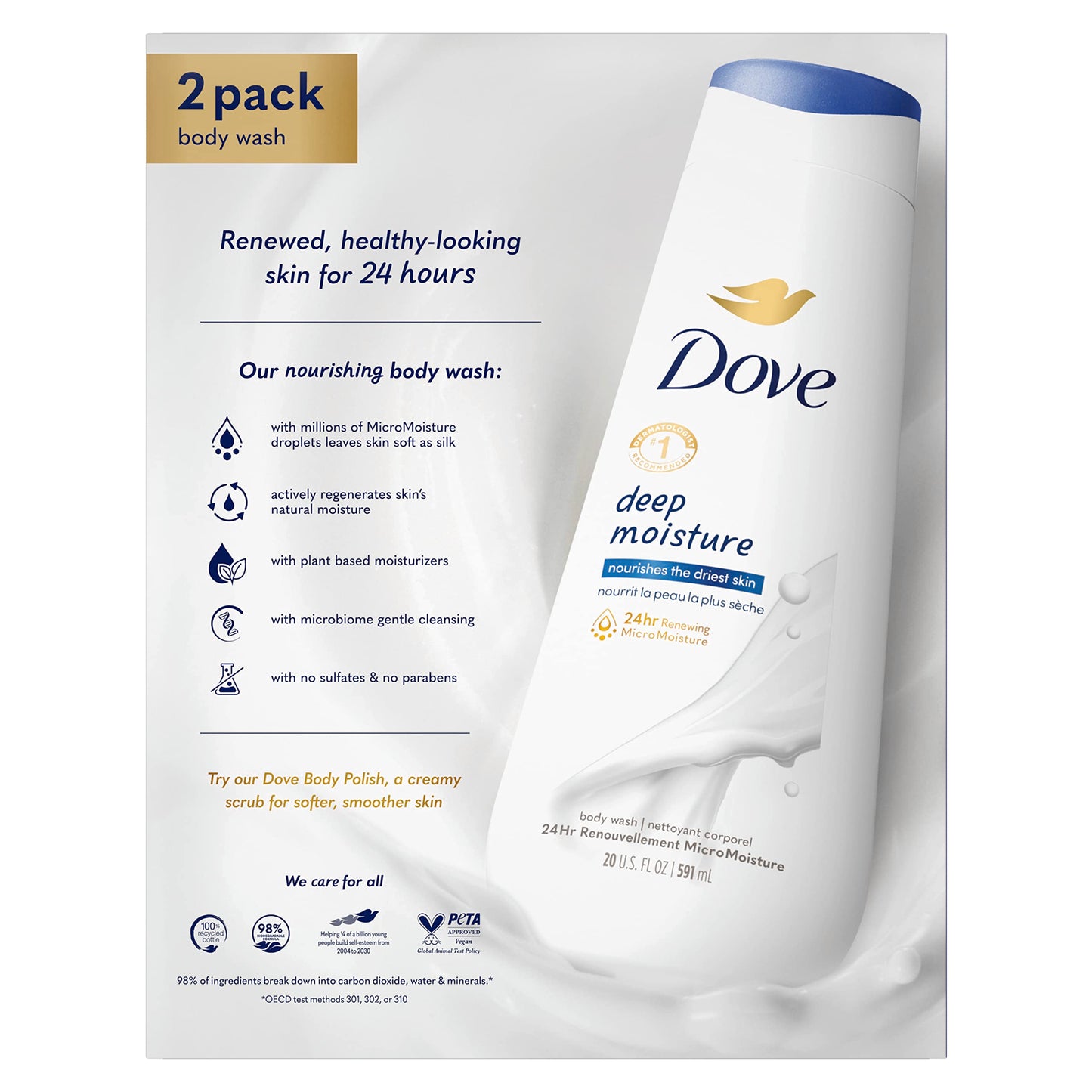 Dove Body Wash Deep Moisture 2 Count For Dry Skin Moisturizing Skin Cleanser with 24hr Renewing MicroMoisture Nourishes The Driest Skin 20 oz