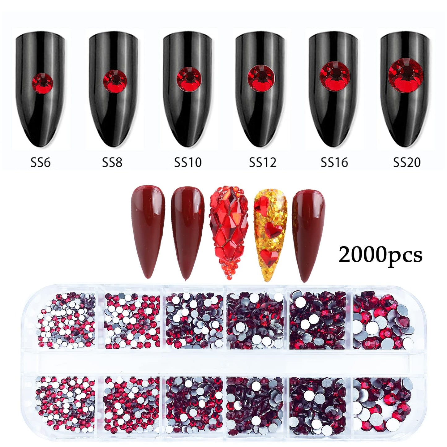 2120 Pcs Red Crystal Nail Rhinestones Round Beads Flatback Glass Gems Stones Multi Shapes Sizes Rhinestones Nail Charms for Nail DIY Crafts Clothes Shoes Jewelry