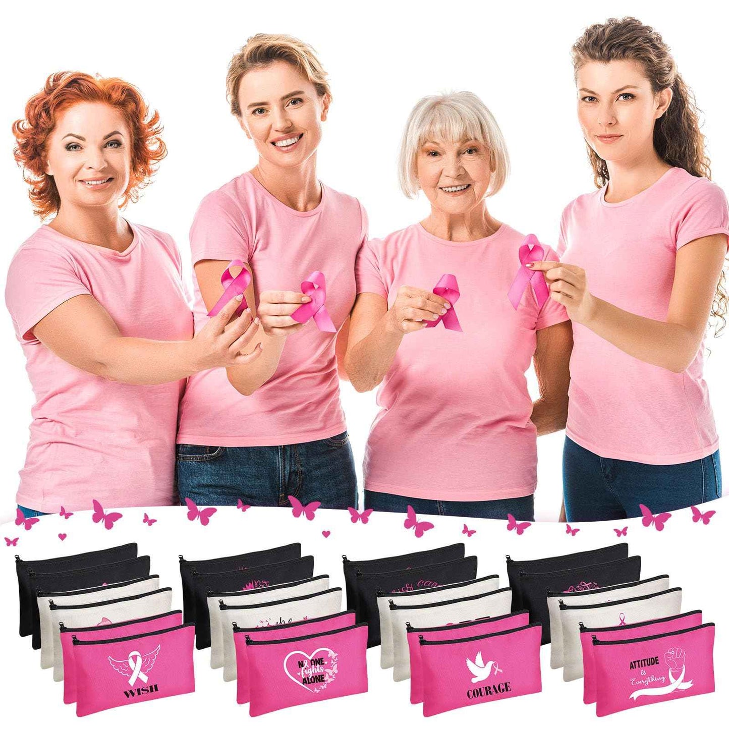 Breast Cancer Awareness Bag Pink Ribbon Travel Makeup Pouch Breast Cancer Cosmetic Pouch Portable Canvas Breast Cancer Gift Bag for Vacation Travel Women Breast Cancer Awareness Party (24 Pcs)