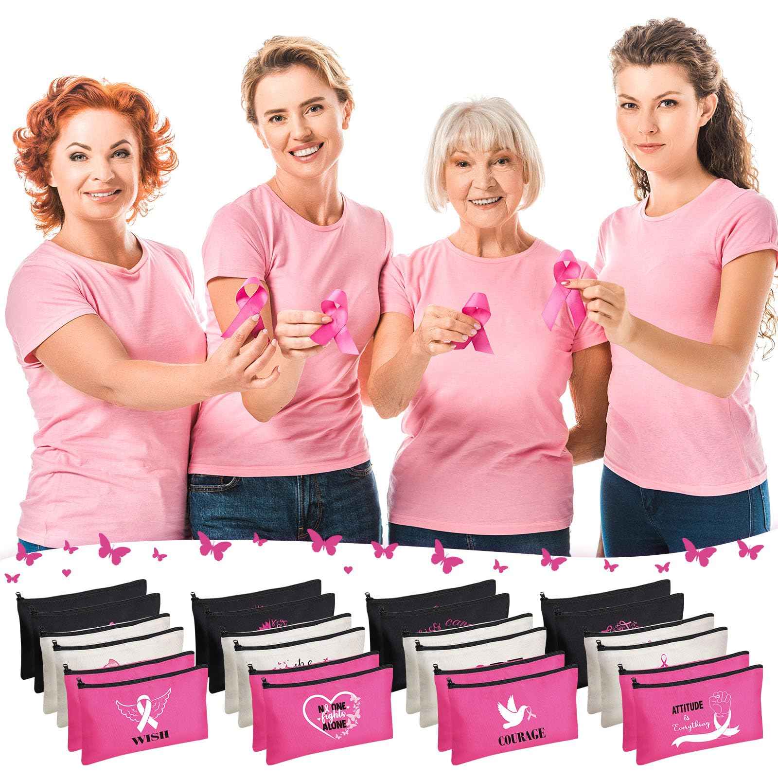 Breast Cancer Awareness Bag Pink Ribbon Travel Makeup Pouch Breast Cancer Cosmetic Pouch Portable Canvas Breast Cancer Gift Bag for Vacation Travel Women Breast Cancer Awareness Party (24 Pcs)