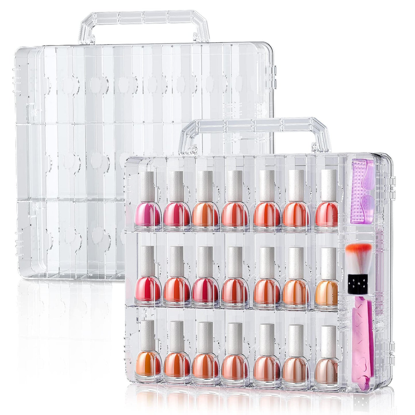 SUBAY 2 Pcs Portable Nail Polish Organizer, Clear Double Side Nail Polish Holder ,Gel Nail Storage for 48 Bottles with 6 Adjustable Dividers in Each Side Space Saver