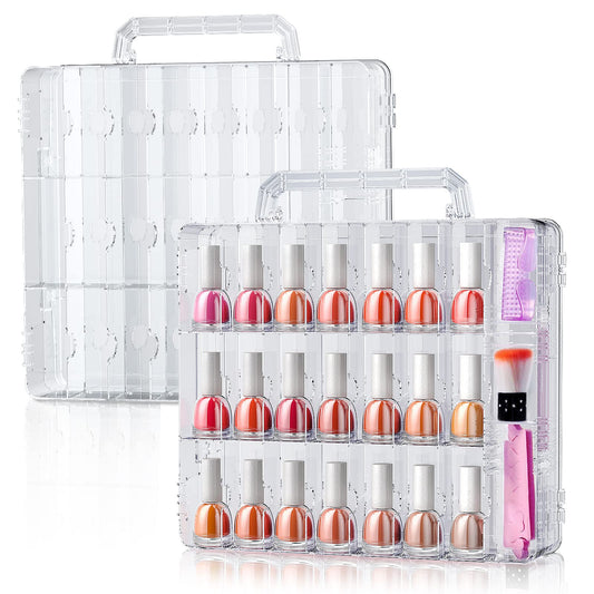 SUBAY 2 Pcs Portable Nail Polish Organizer, Clear Double Side Nail Polish Holder ,Gel Nail Storage for 48 Bottles with 6 Adjustable Dividers in Each Side Space Saver