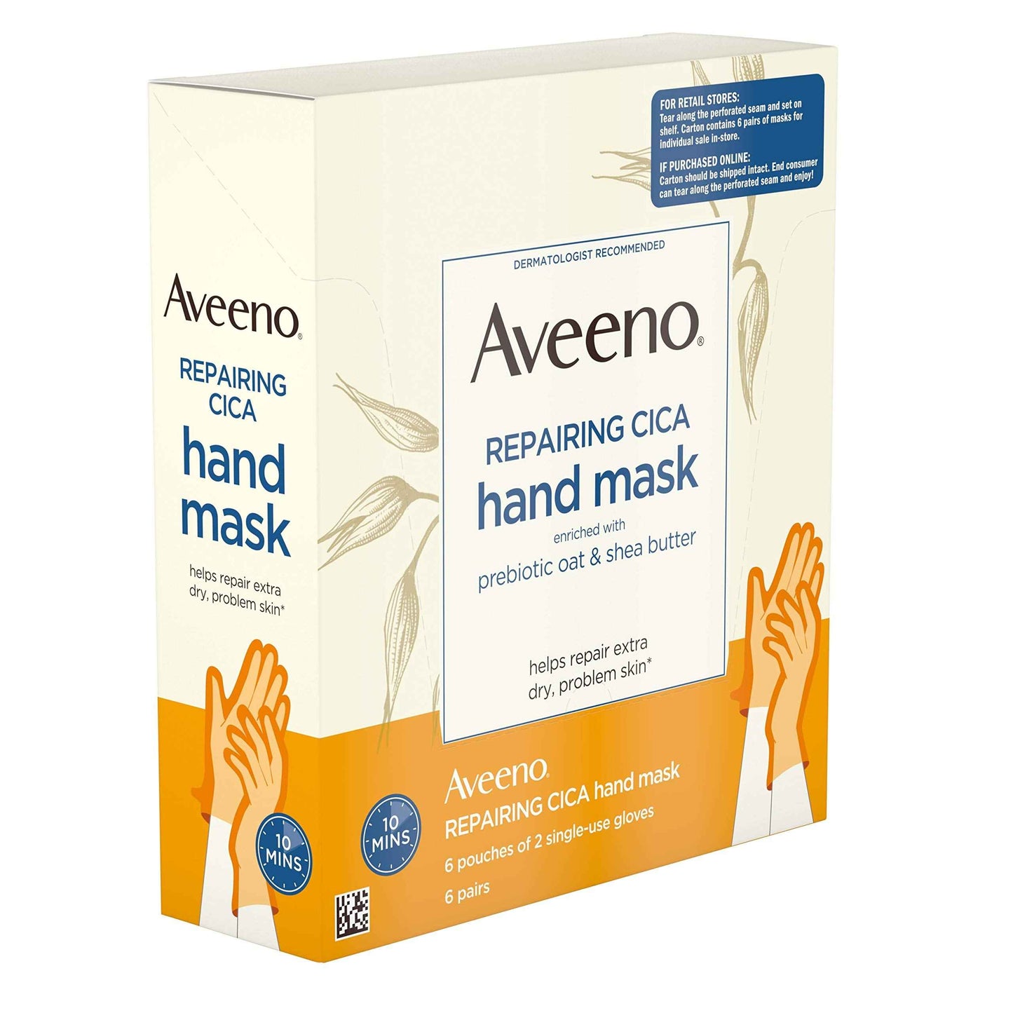 Aveeno Repairing Cica Hand Mask With Prebiotic Oat and Shea Butter, 6 Count