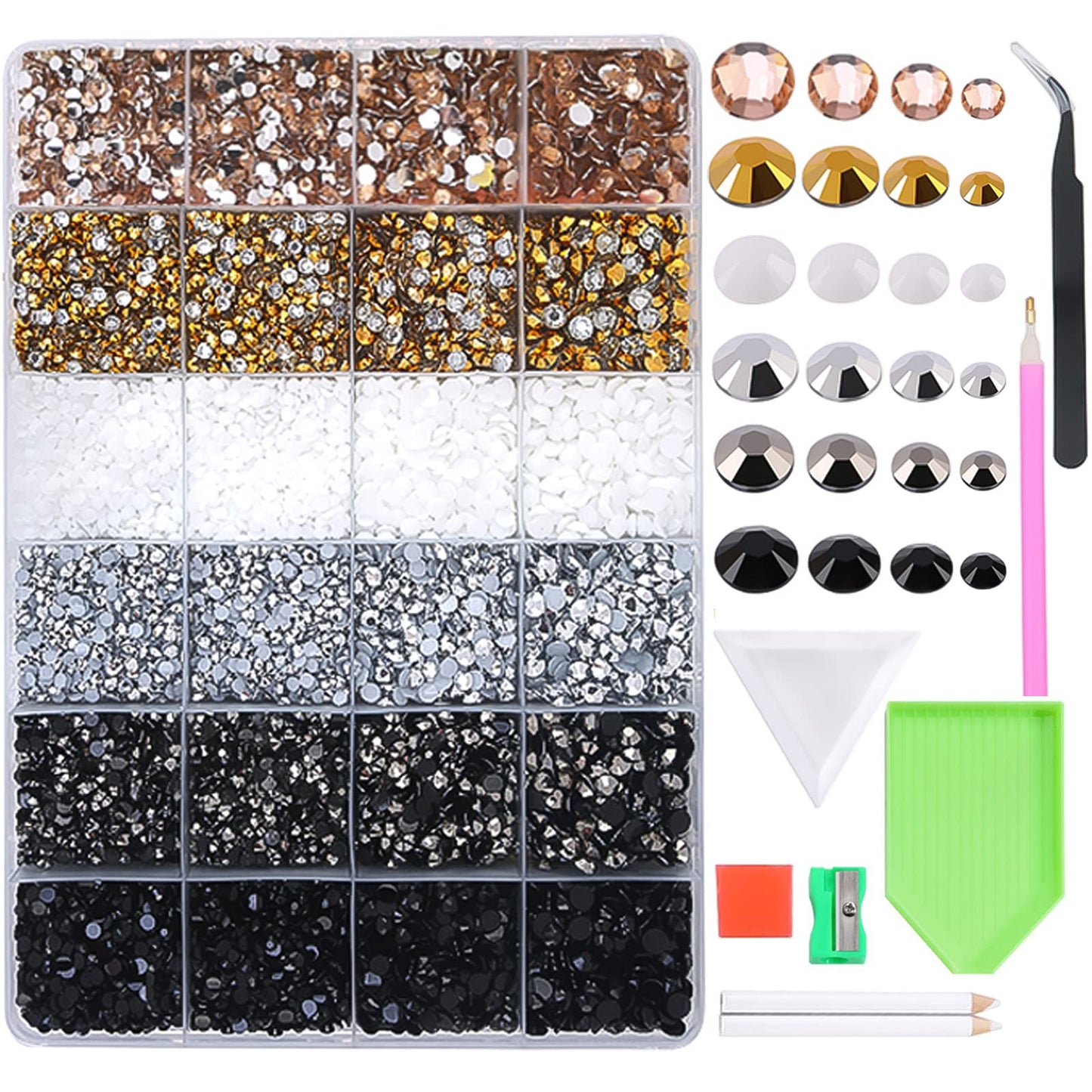 BELICEY 24000PCS Black White Resin Crystal Nail Rhinestones Round Beads Flatback Bulk Gems Stones Multi Sizes Gold Rhinestones Nail Crystals for Nail DIY Crafts Clothes Shoes Jewelry