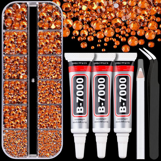 Resin Rhinestones for Crafting with B7000 Jewelry Glue, 1 Box Orange Flatback Crystals with 3Pcs 10ml Glue for Bedazzling Crafts DIY Nail Art Makeup，Non Hotfix Gems for Clothing Shoes