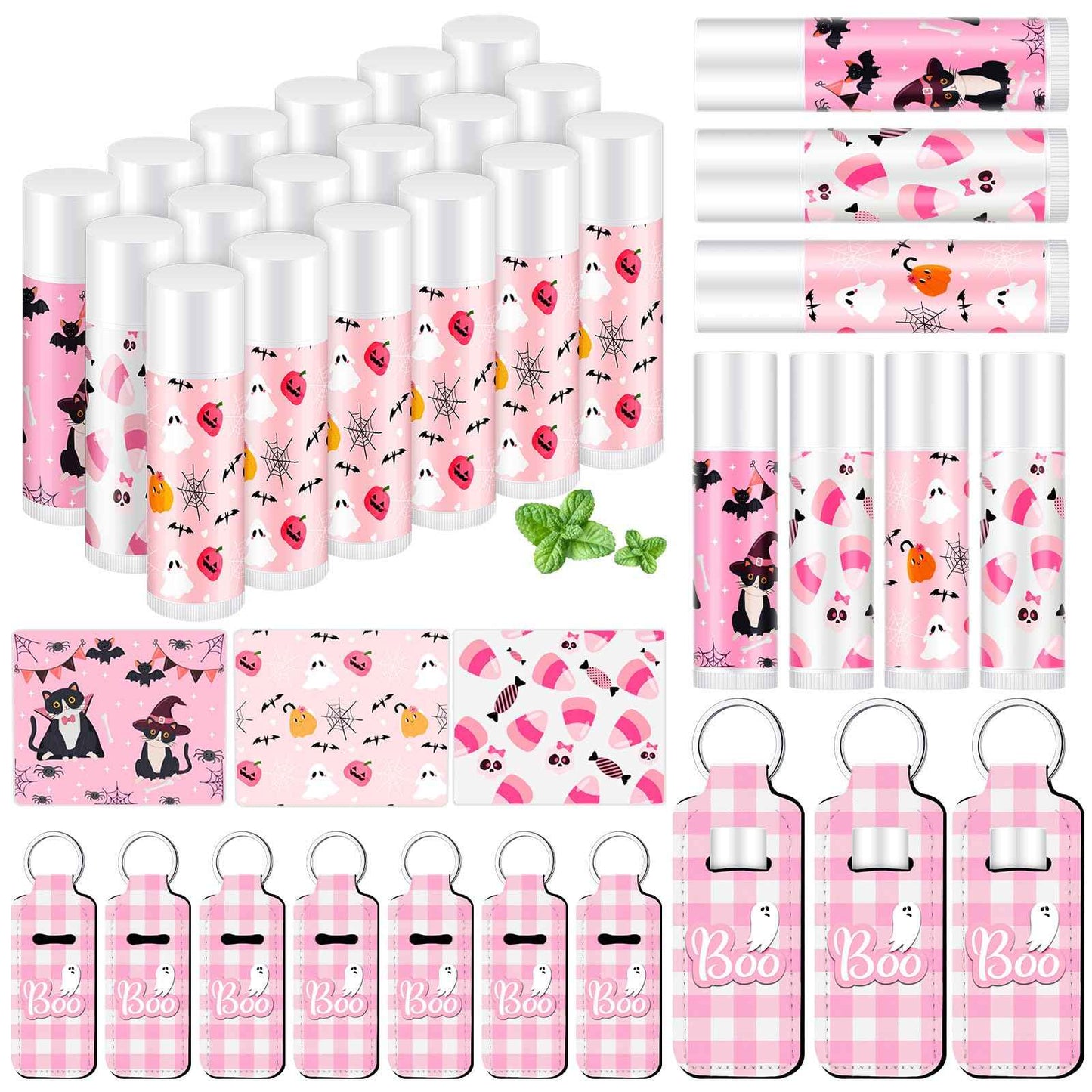Swiffen 36 Pcs Halloween Lip Balms Gifts Bulk Halloween Party Favors Lip Balm Holder Keychain Spooky Ghost Skull Bat Lipstick Moisturizers for Adults Treat Bags Stuffers Party Supplies(Pink Style)
