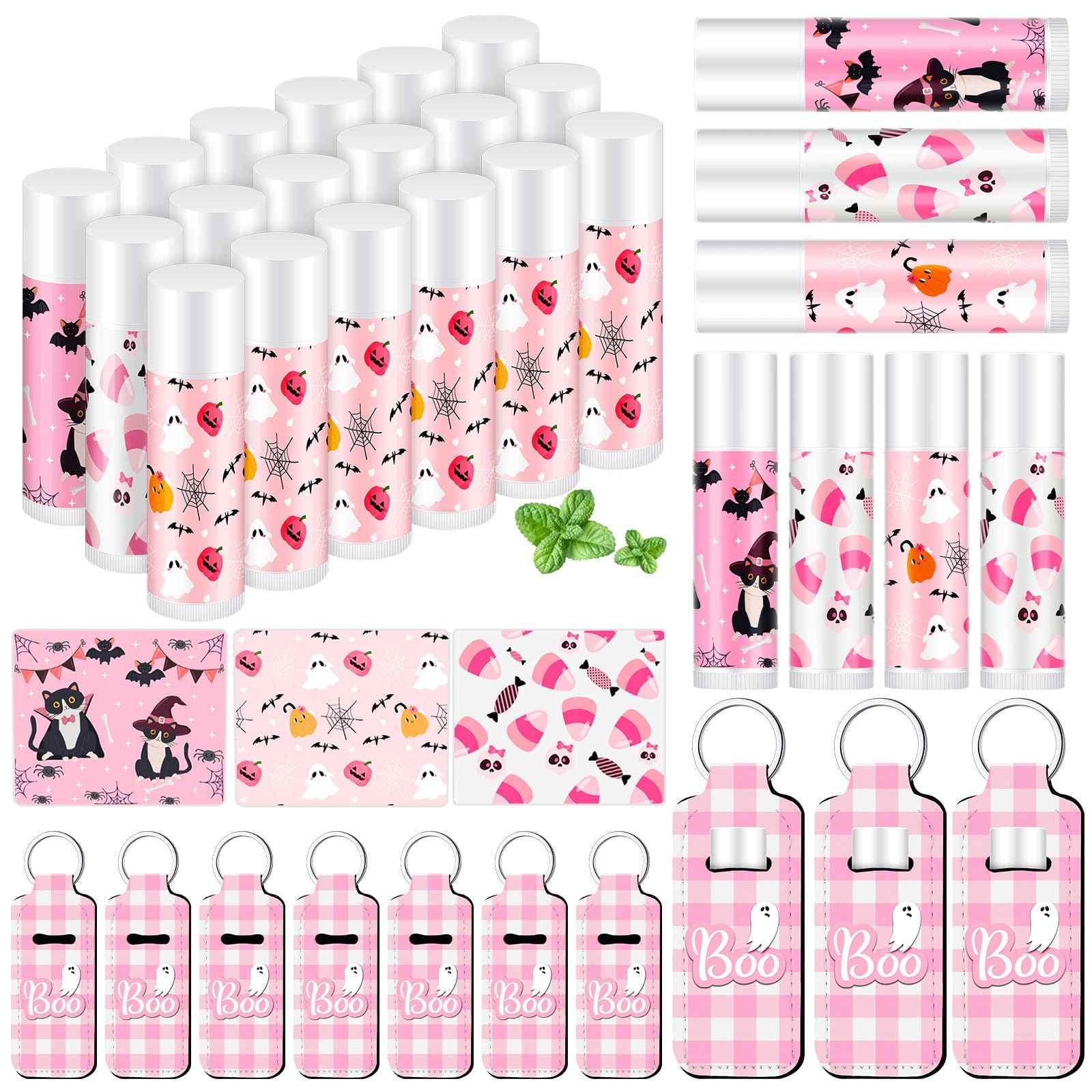 Swiffen 36 Pcs Halloween Lip Balms Gifts Bulk Halloween Party Favors Lip Balm Holder Keychain Spooky Ghost Skull Bat Lipstick Moisturizers for Adults Treat Bags Stuffers Party Supplies(Pink Style)