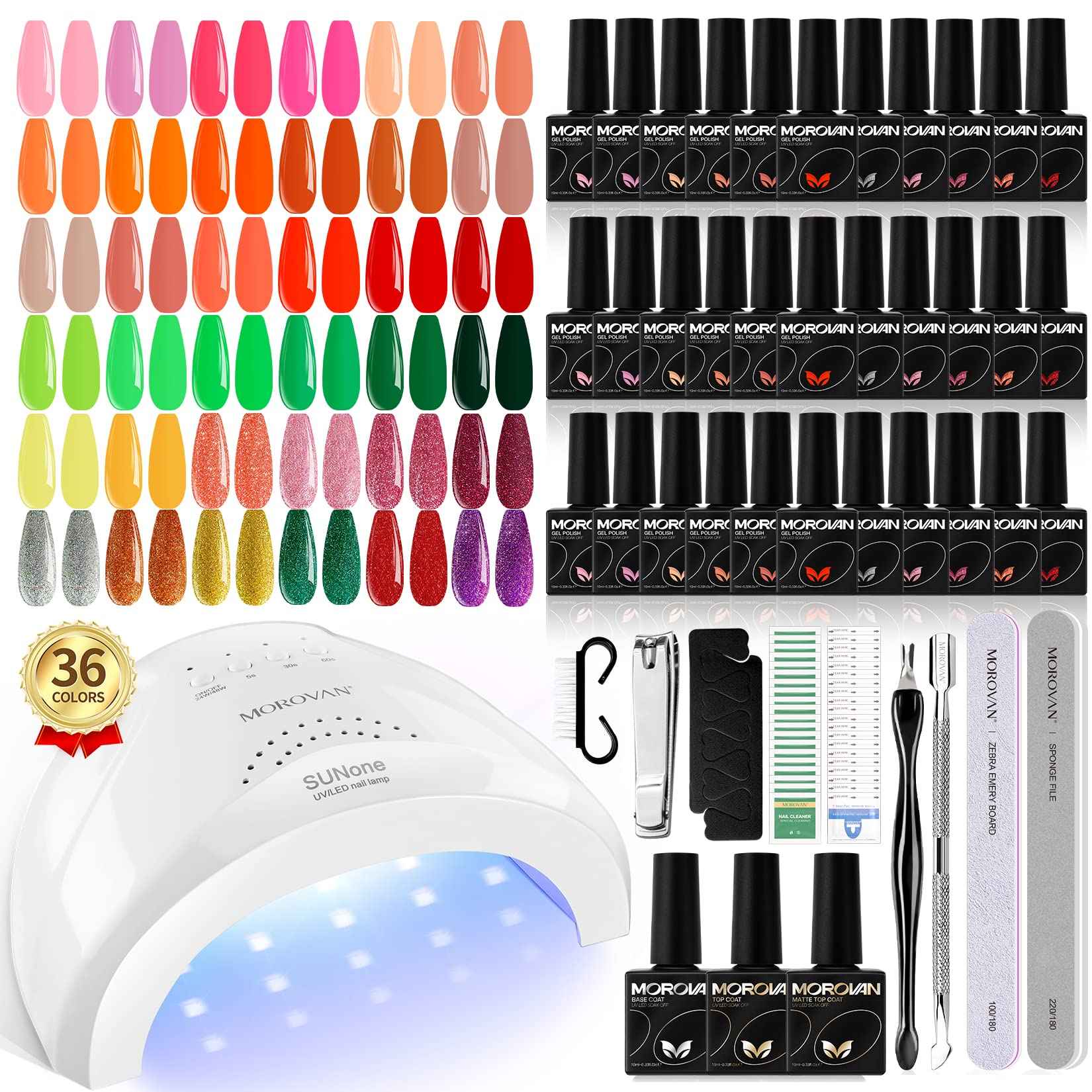 Morovan Gel Nail Polish Set - 36 Colors With UV Light, 48W Lamp, Base & Top Coats, Tools, Pure & Glitter Soak Off Kit, Large Capacity Manicure Starter Set, Gifts for Women