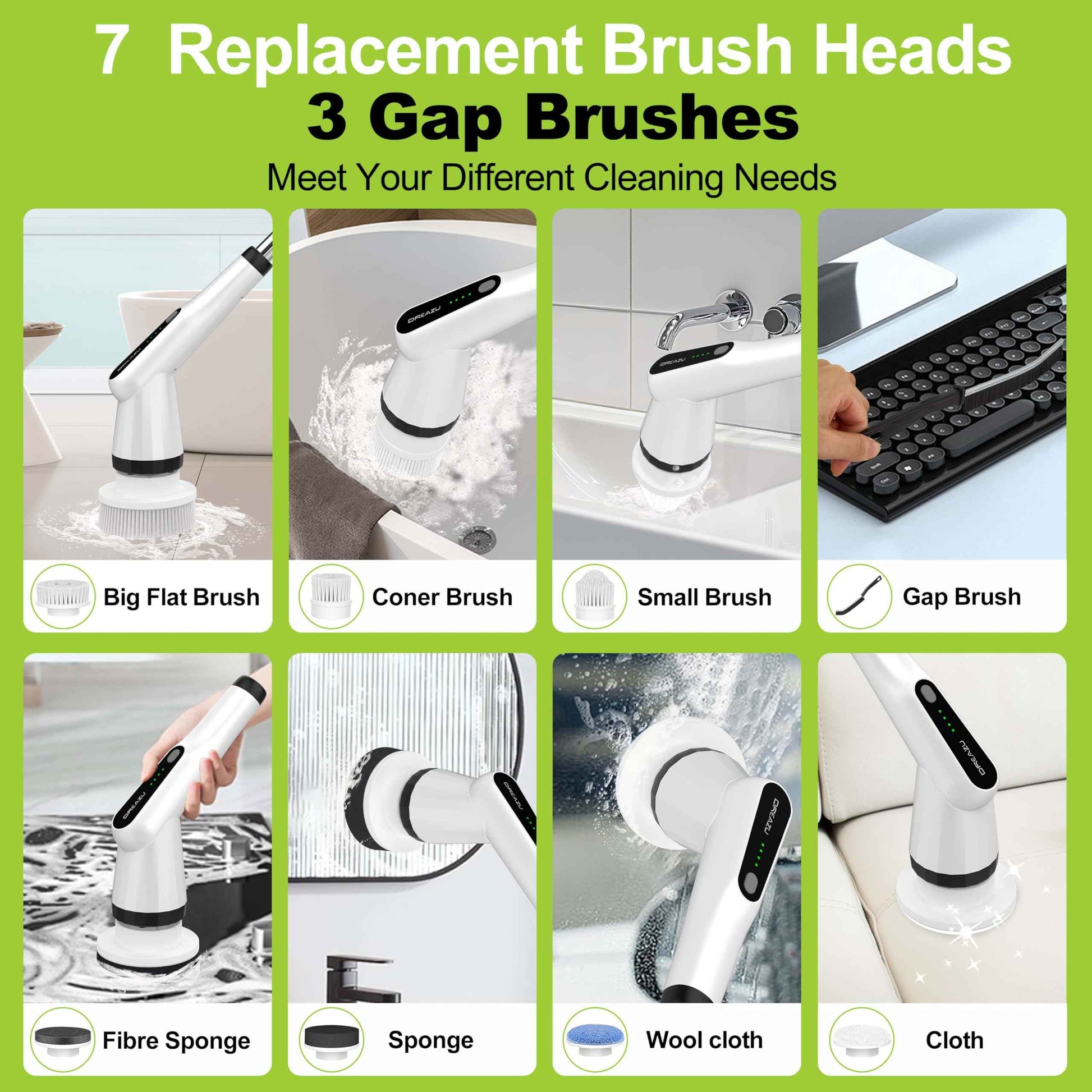 Electric Scrubber Brush, IPX7 Electric Scrubber for Shower, Electric Cleaning Brush Scrubber with 7 Replaceable Brush Heads & Retractable Handle, 2-Speed Adjustable Spin Cleaning Brush