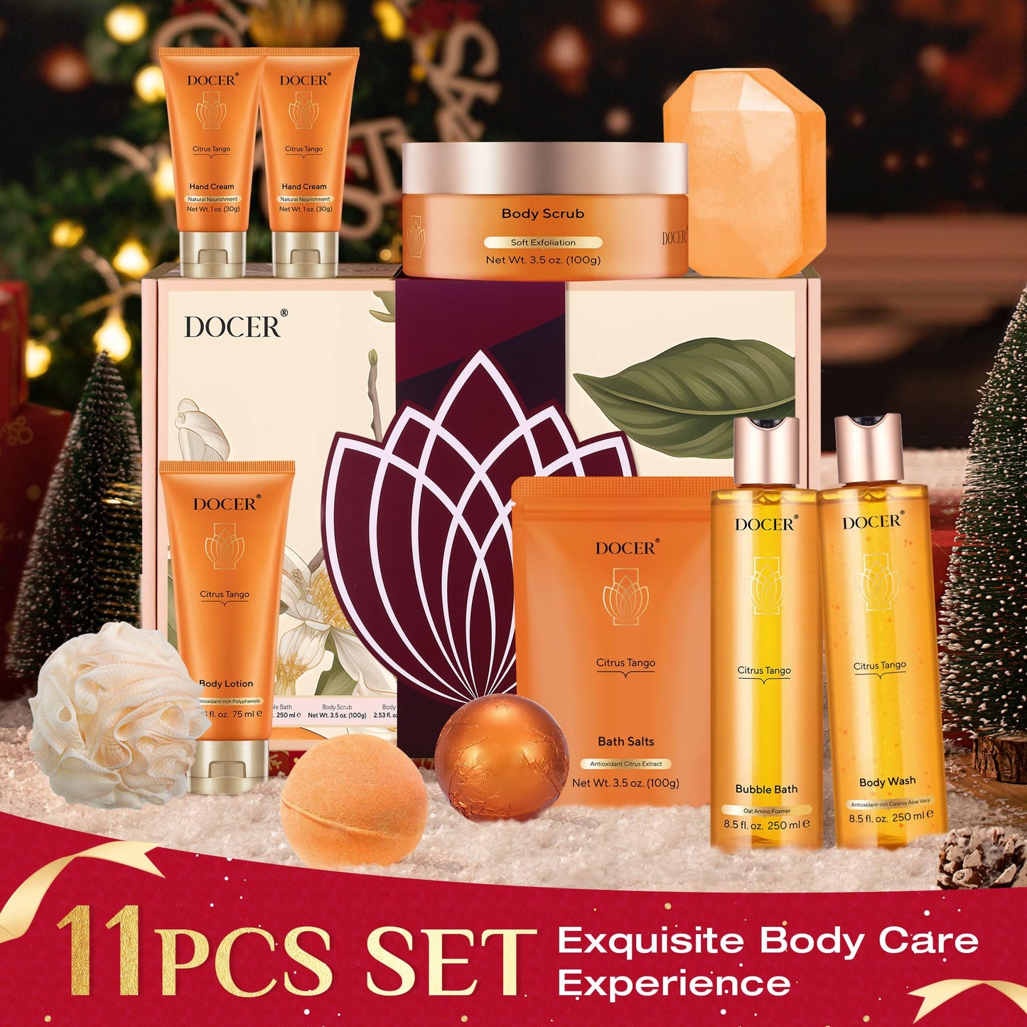 DOCER Spa Gifts for Women, Christmas Gifts for Women, Birthday Gifts for Women, Spa Gift Baskets for Women, Self Care Gifts 11 Pcs Includes Body Wash, Body Scrub, Body Lotion, Bath Bombs, Hand Cream