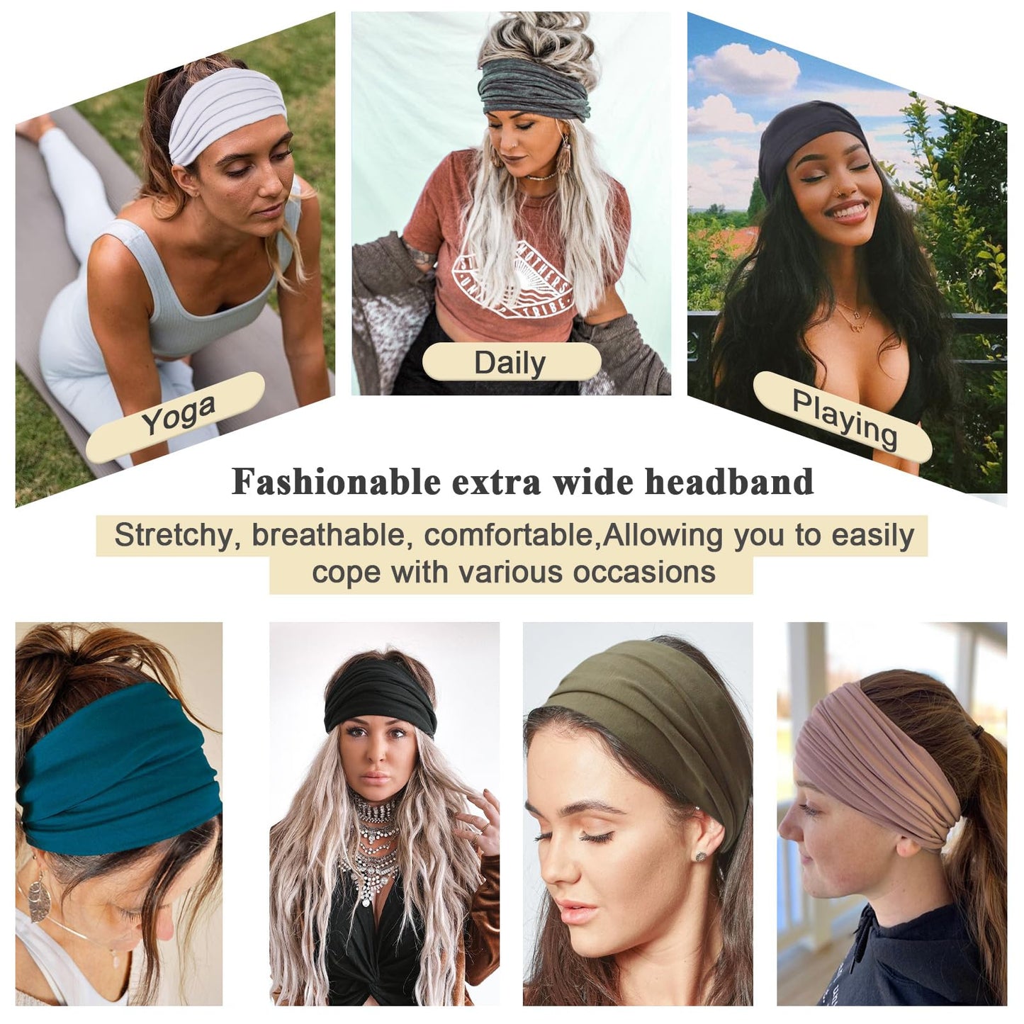 XTREND 6 Packs Wide Headbands for Women Stretch Hair Band Fashion Headband Non-slip Turban Workout Outdoor Yoga Sports Hair Accessories (Black, Dark Gray,Navy Blue, Red, White, Light Gray)