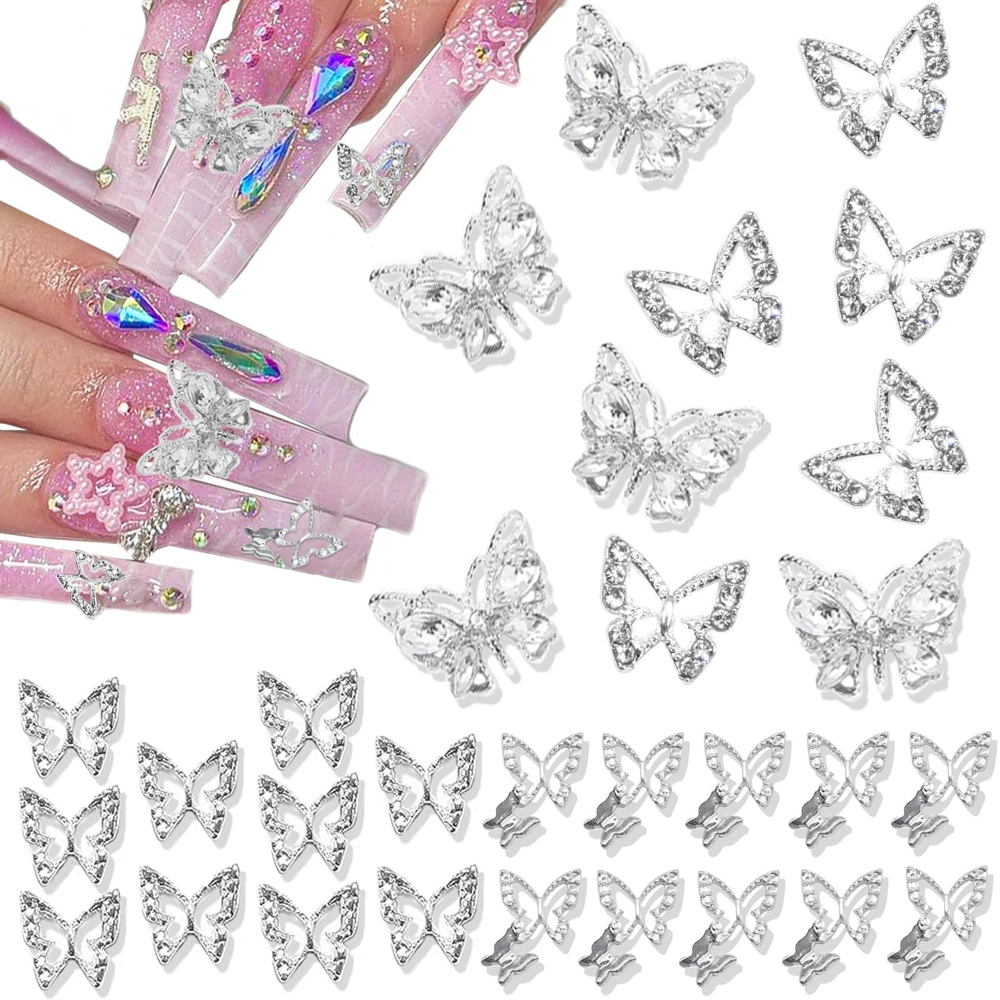 RODAKY 30PCS Butterfly Nail Charms Silver Butterflies Charms for Nails Shiny Nail Art Jewelry with Rhinestone 3D Butterfly Nail Gems for Manicure Nail Decoration Accessories for Women and Girls