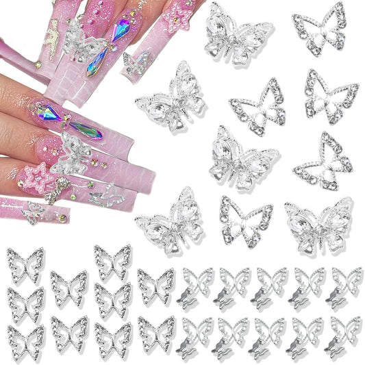 RODAKY 30PCS Butterfly Nail Charms Silver Butterflies Charms for Nails Shiny Nail Art Jewelry with Rhinestone 3D Butterfly Nail Gems for Manicure Nail Decoration Accessories for Women and Girls