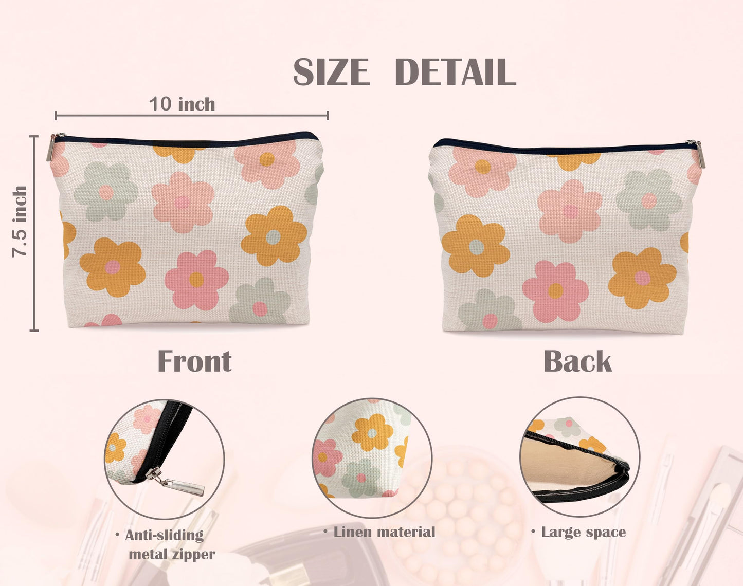 Lacosu Retro Groovy 60s 70s Daisy Flowers Makeup Bag Cosmetic Bag Zipper Pouch Toiletry Bags,Groovy Gifts for Women Teen Girls Her