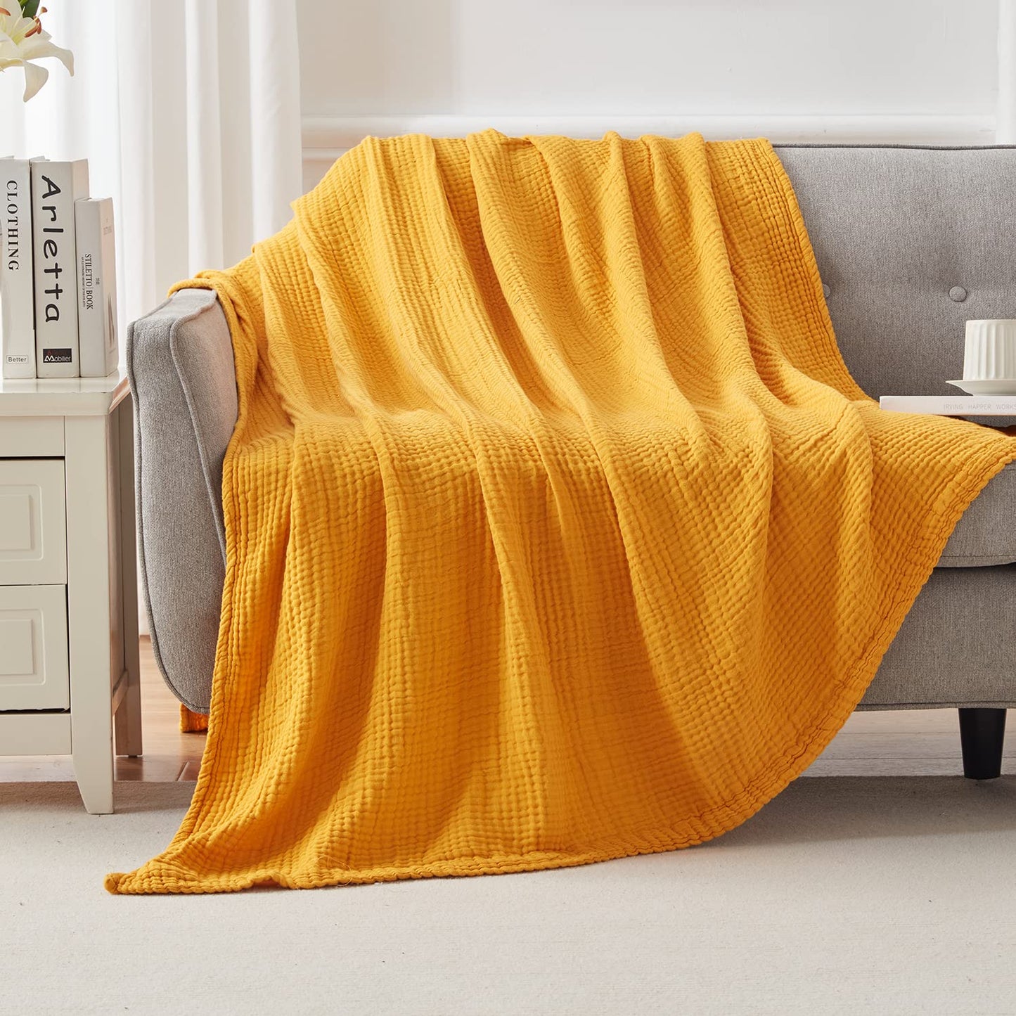 EMME Cotton Blanket Queen Size for Bed Soft Large Muslin Bed Blankets 80"x90" Lightweight Breathable Blanket All Season Gauze Blanket, Mustard Yellow