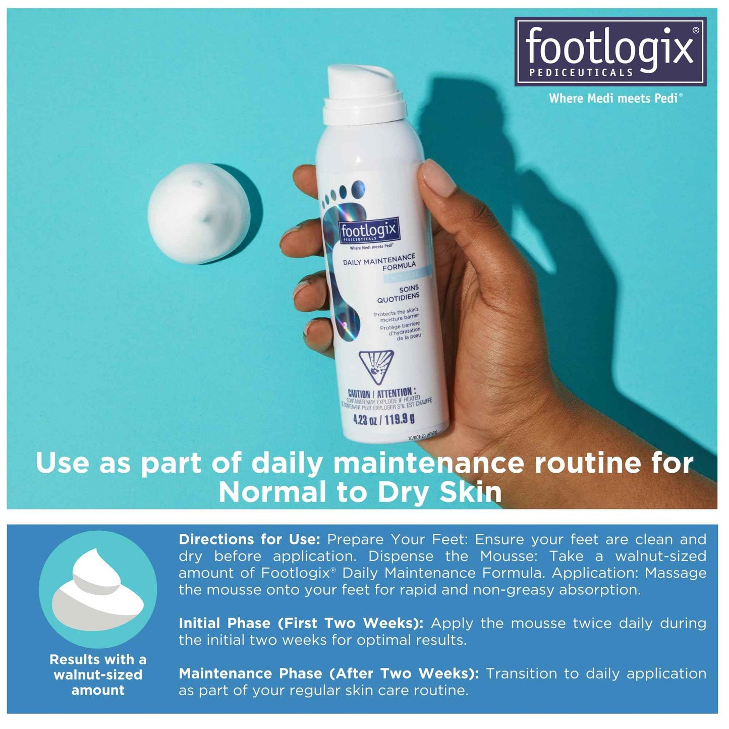 FOOTLOGIX Daily Maintenance Formula - Foot Moisturizer, Foot Mousse for Normal to Dry Skin Maintenance, Foot Mousse for Calluses and Dry Feet, 4.23oz