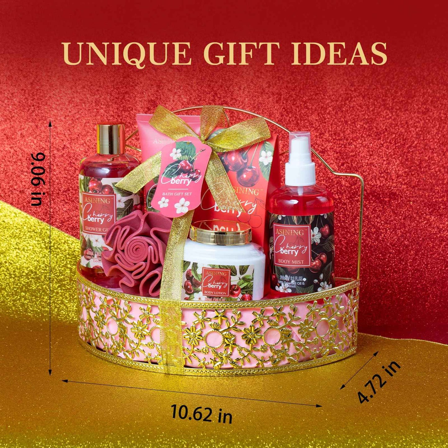 Bath & Body Basket Set, Cherry Fruit Scent Spa Gift Basket with Shower Gel, Lotions for Women Gift Set, Spa Kits for Christmas Valentine's Birthday Gift All Occasion Holiday Gift Idea Luxury Bath Set